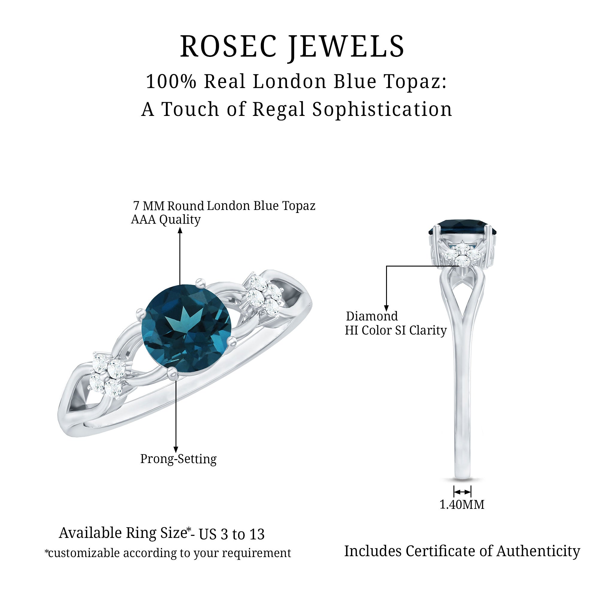 7mm London Blue Topaz Solitaire Engagement Ring with Diamond AAA - Rosec Jewels