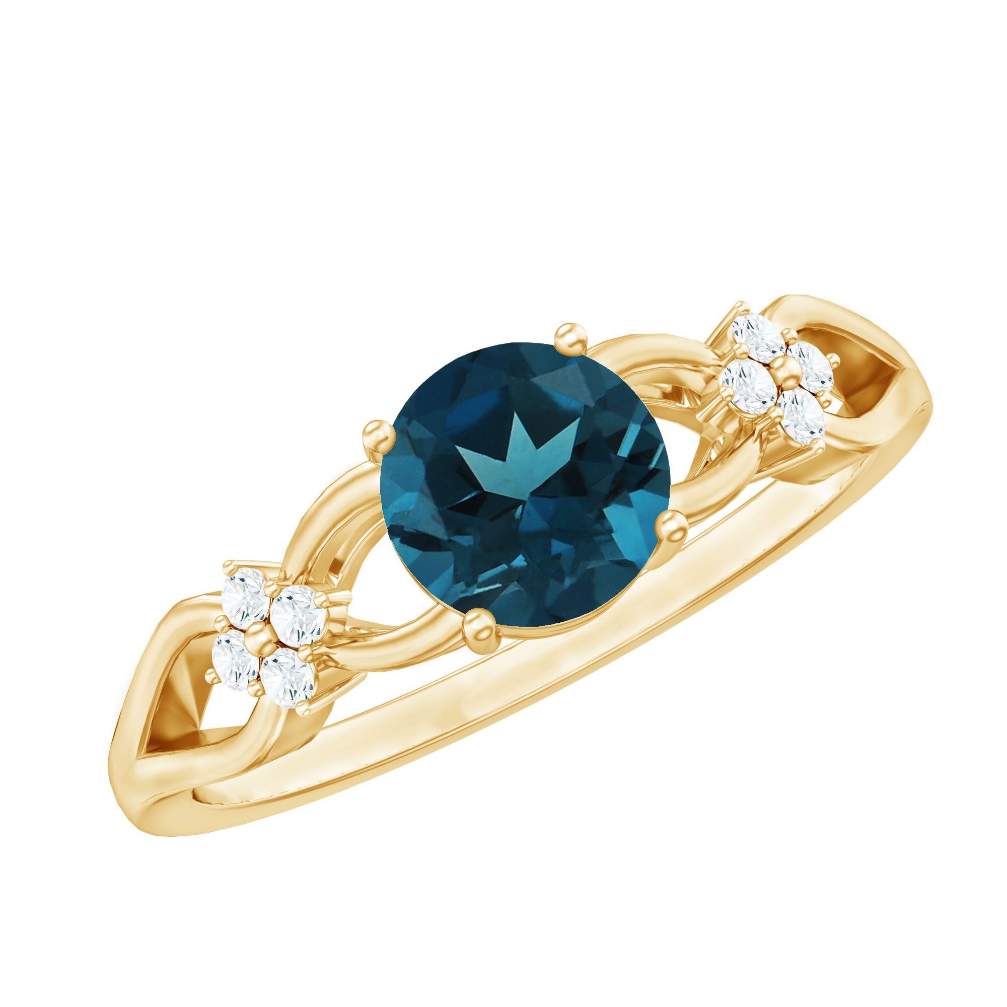 7mm London Blue Topaz Solitaire Engagement Ring with Diamond AAA - Rosec Jewels