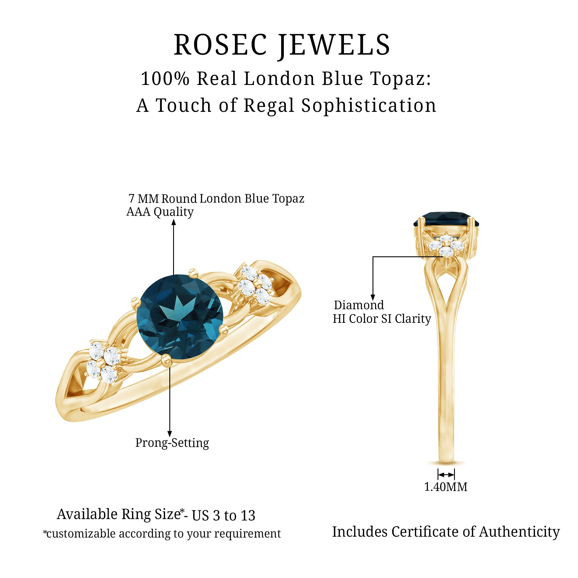 7mm London Blue Topaz Solitaire Engagement Ring with Diamond AAA - Rosec Jewels