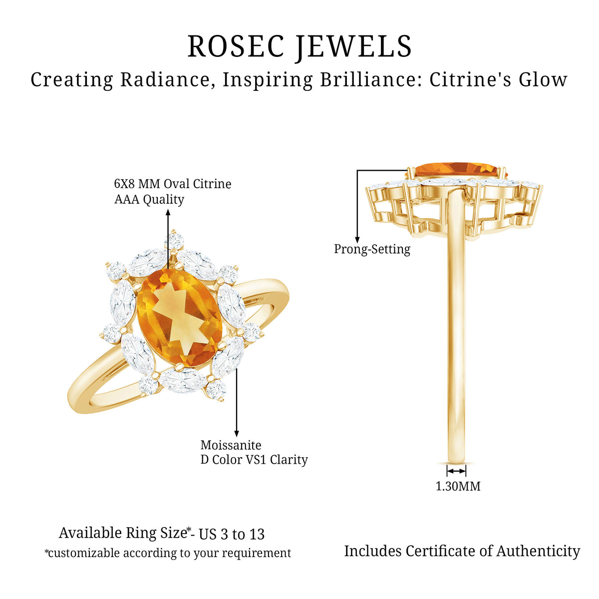 Certified Genuine Citrine Huge Engagement Ring with Moissanite Halo AAA - Rosec Jewels