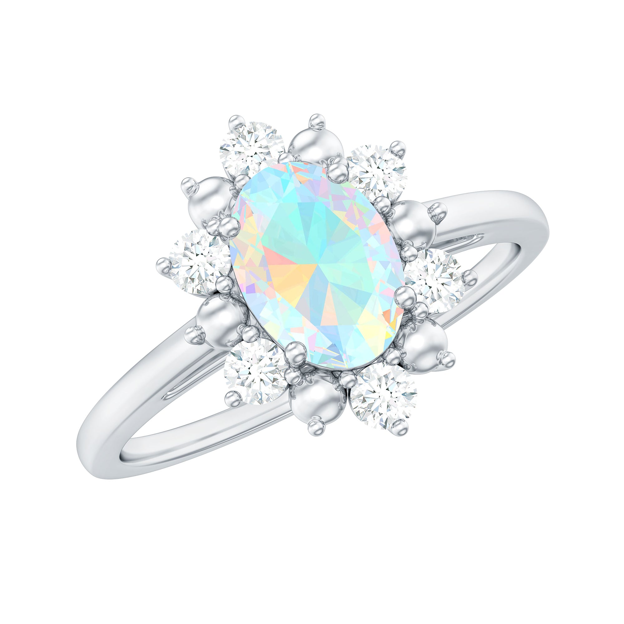 Natural 5X7mm Opalescent Oval Engagement Ring with Diamond Halo