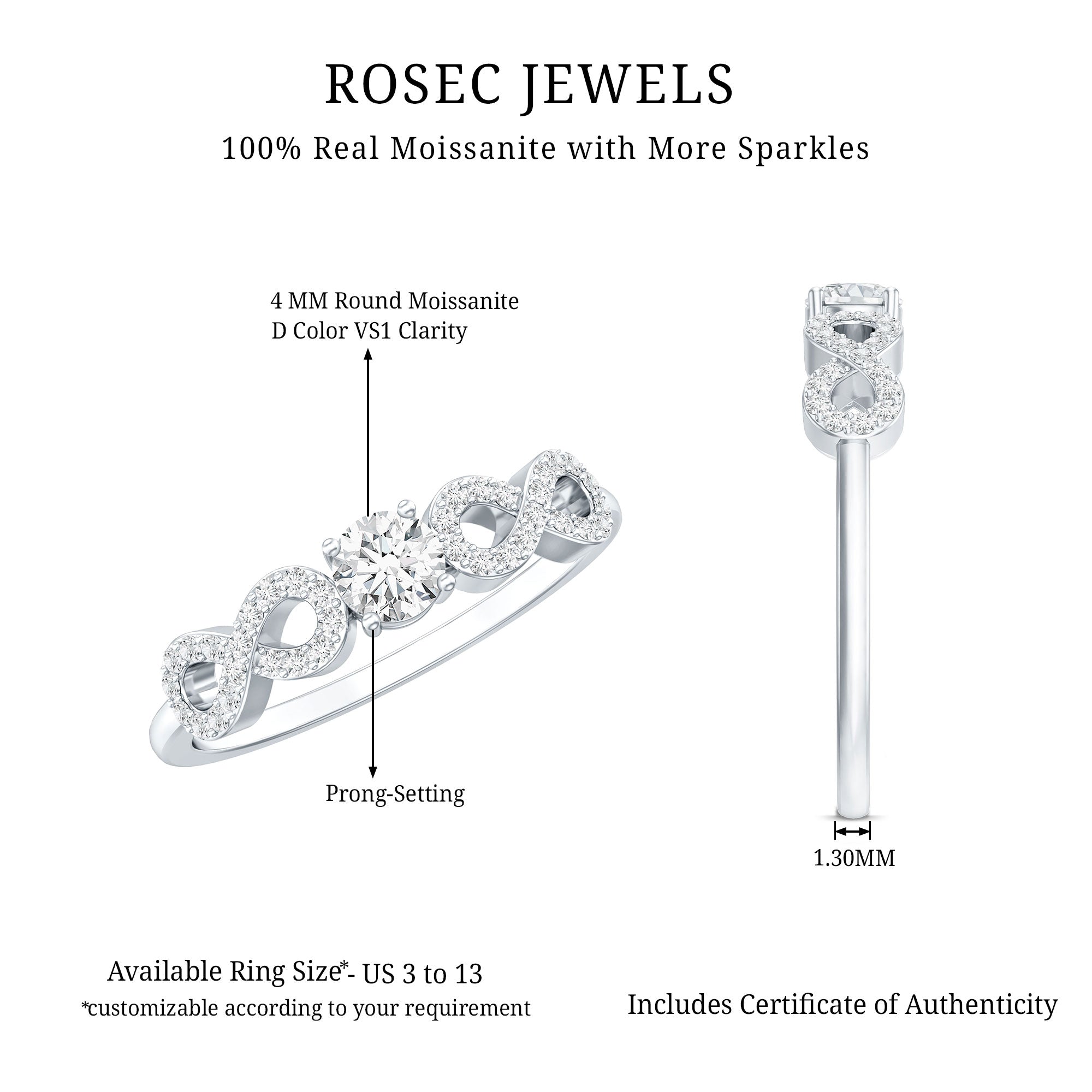 Round Moissanite Infinity Promise Ring with Certificate D-VS1 - Rosec Jewels