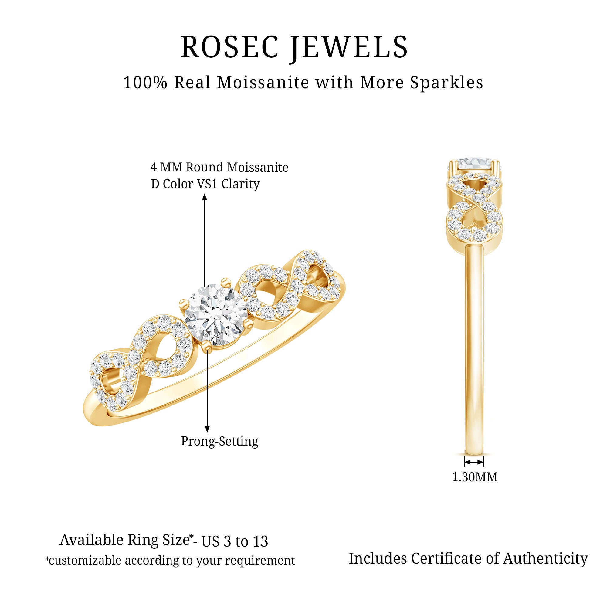 Round Moissanite Infinity Promise Ring with Certificate D-VS1 - Rosec Jewels