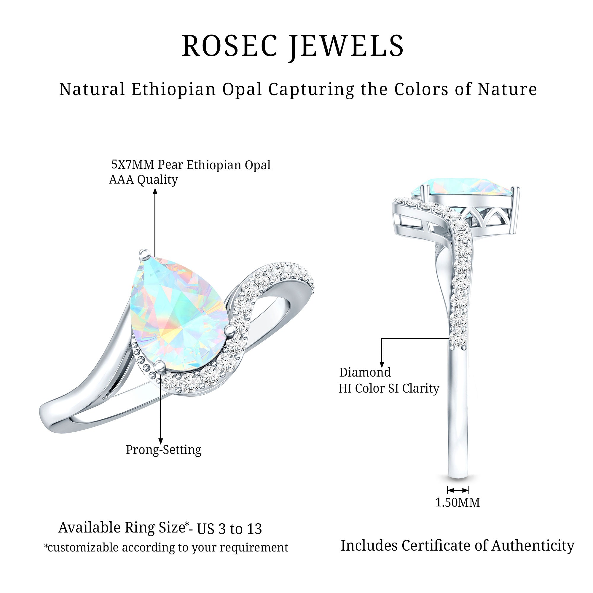 0.7 Carat Pear Cut Ethiopian Opal Engagement Ring with Diamond AAA - Rosec Jewels