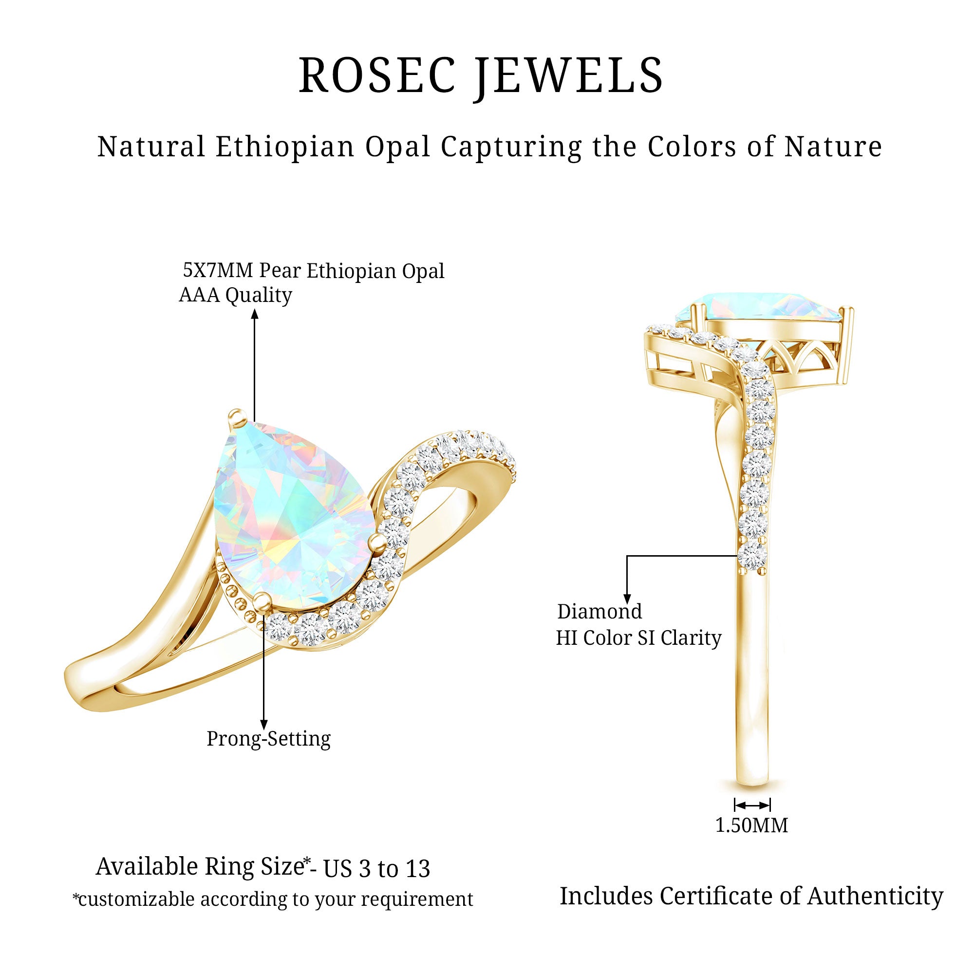0.7 Carat Pear Cut Ethiopian Opal Engagement Ring with Diamond AAA - Rosec Jewels