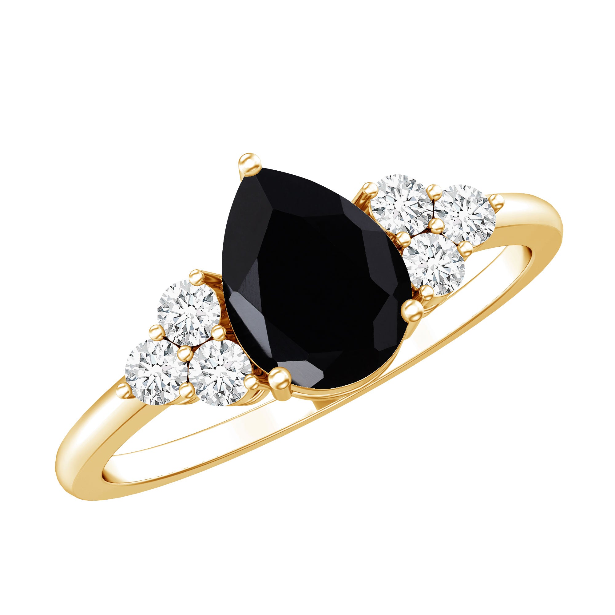 0.85 Carat Lab Grown Black Diamond Pear Shape Engagement Ring with White Diamond Trio AAAA ( Synthetic ) - Rosec Jewels
