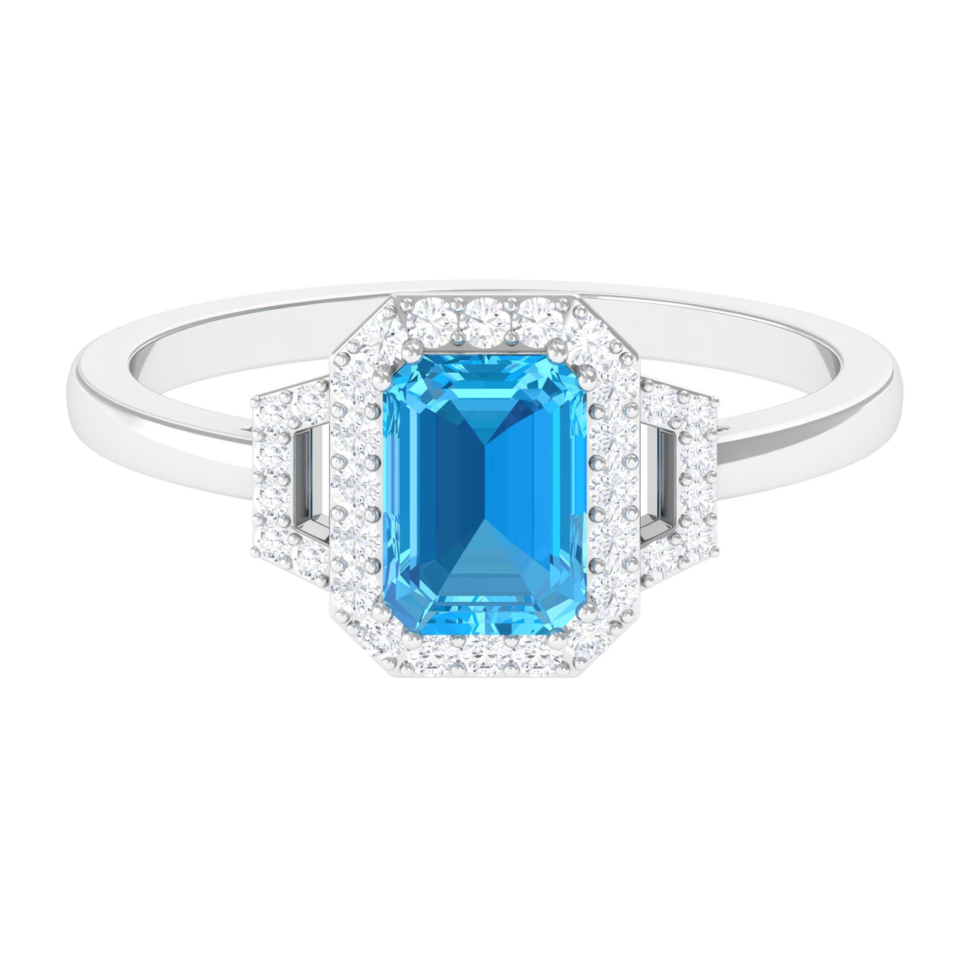 Emerald Cut Swiss Blue Topaz and Diamond Statement Engagement Ring
