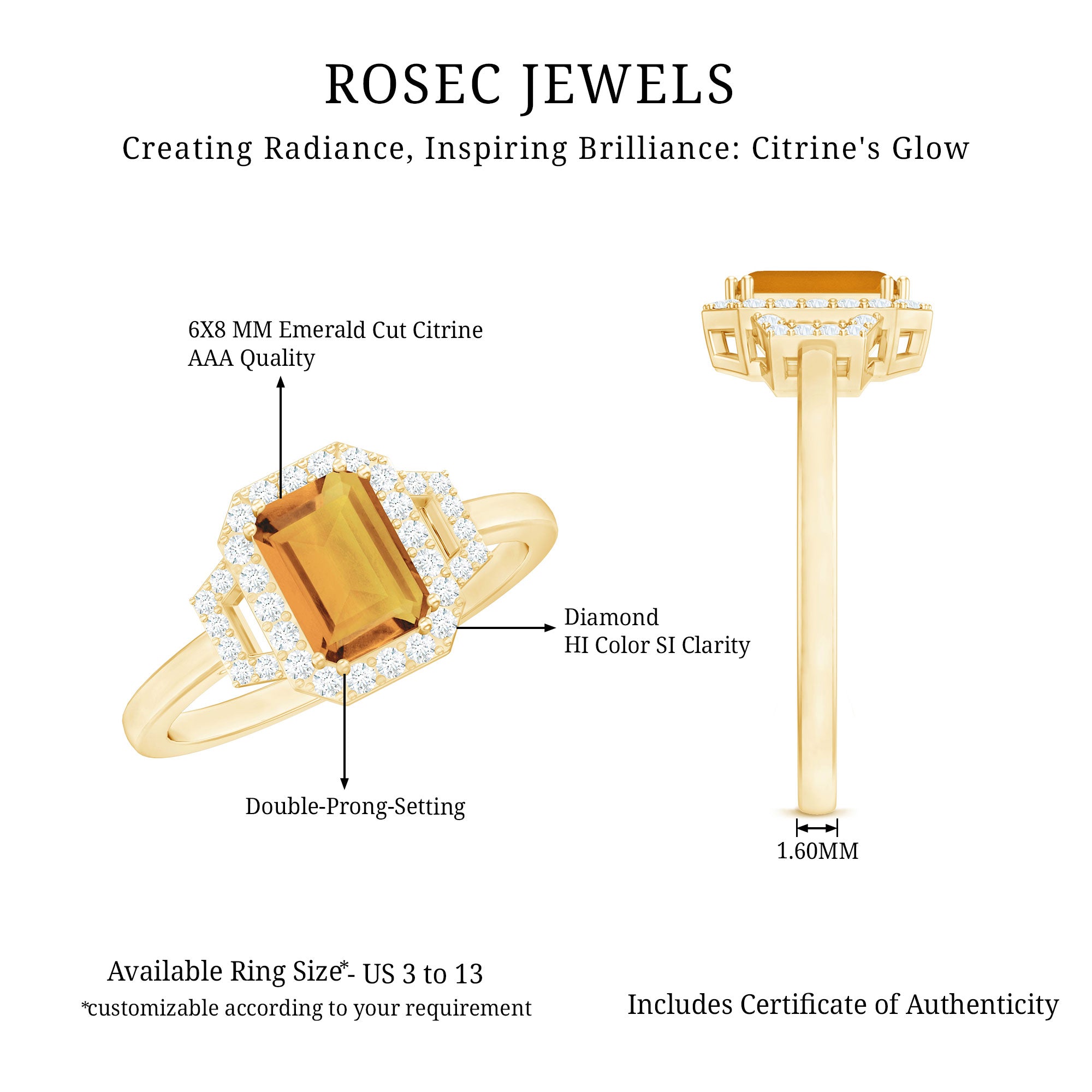 Genuine Citrine Emerald Cut Engagement Ring with Diamond Halo AAA - Rosec Jewels