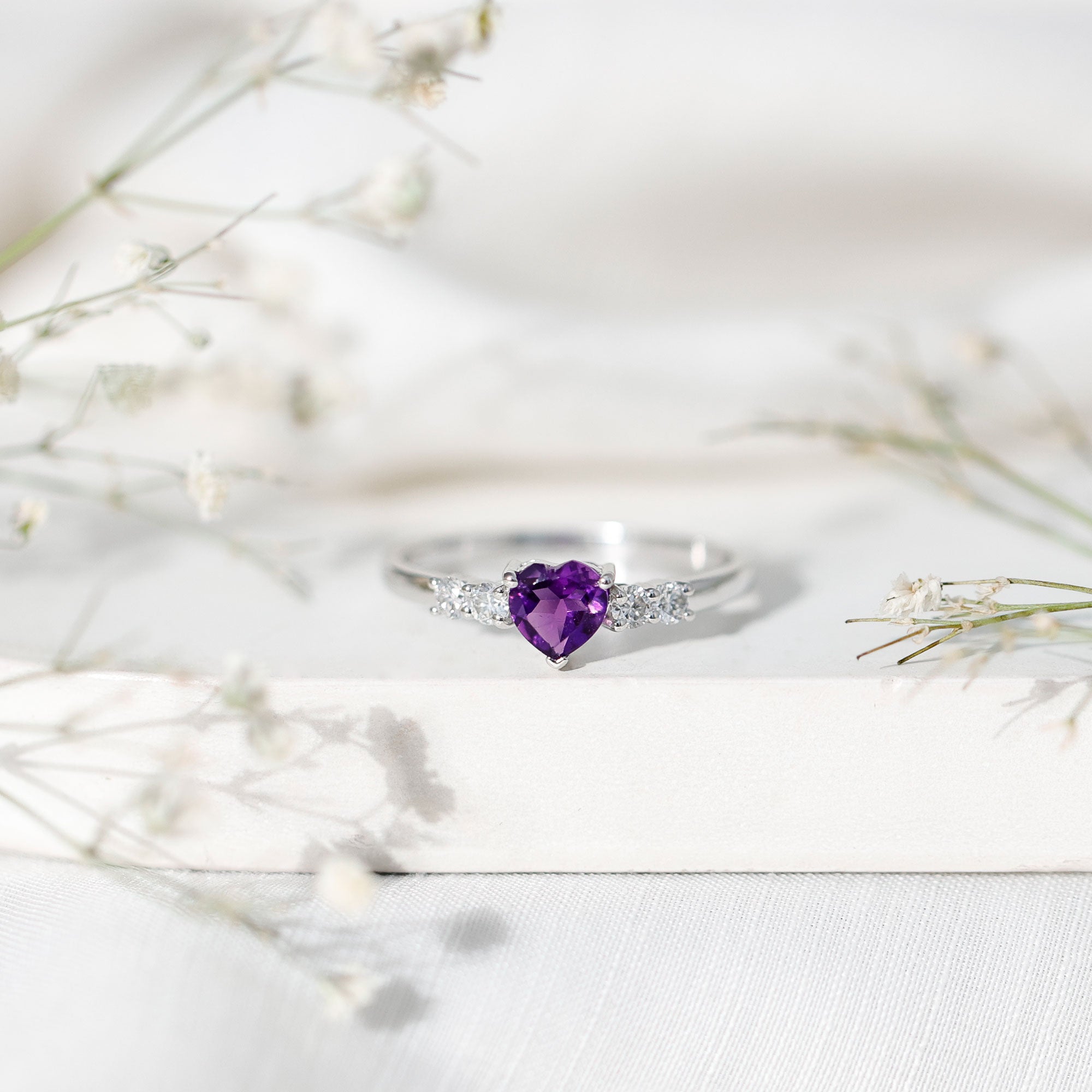 0.9 Carat Amethyst Heart Promise Ring with Diamonds AAA - Rosec Jewels