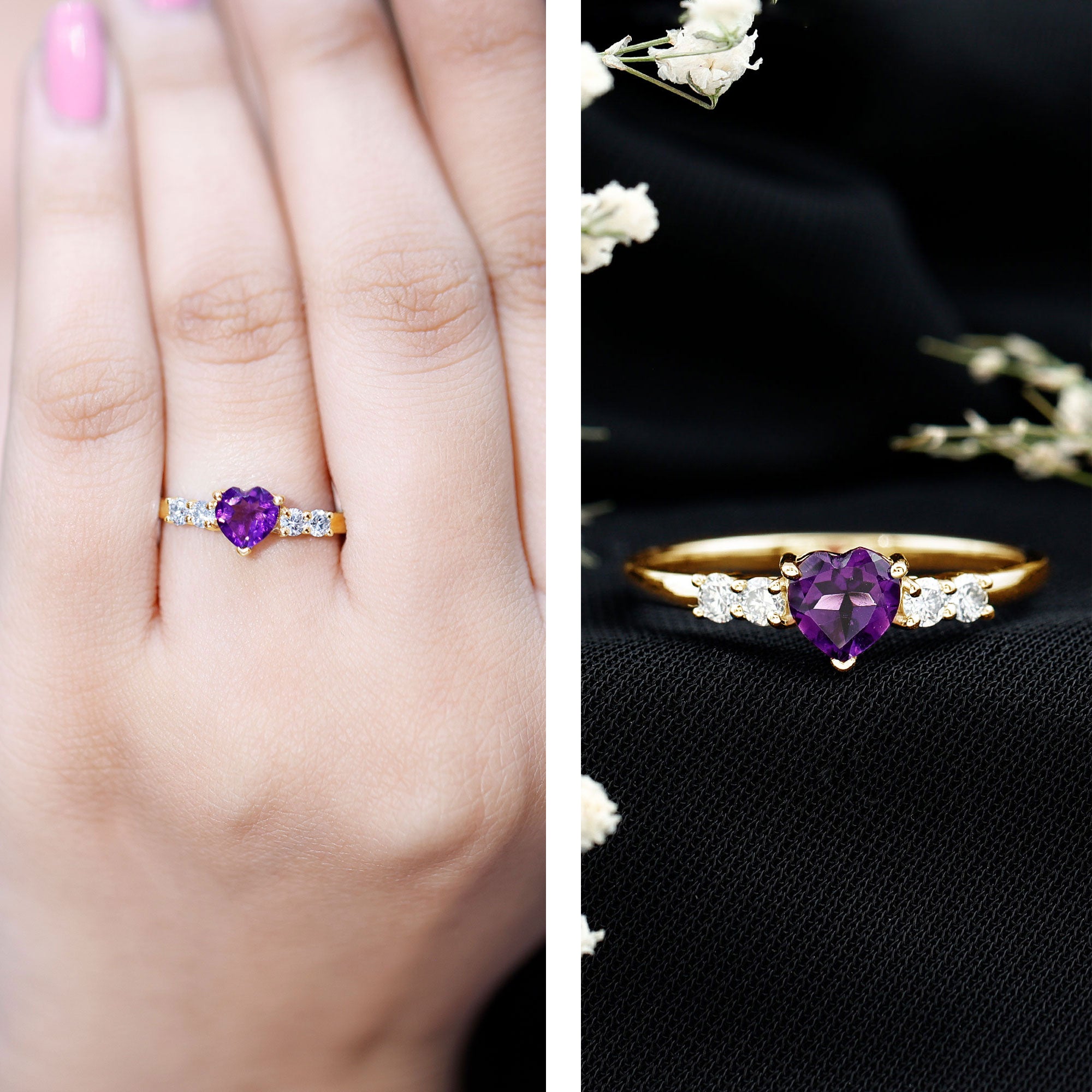 0.9 Carat Amethyst Heart Promise Ring with Diamonds AAA - Rosec Jewels