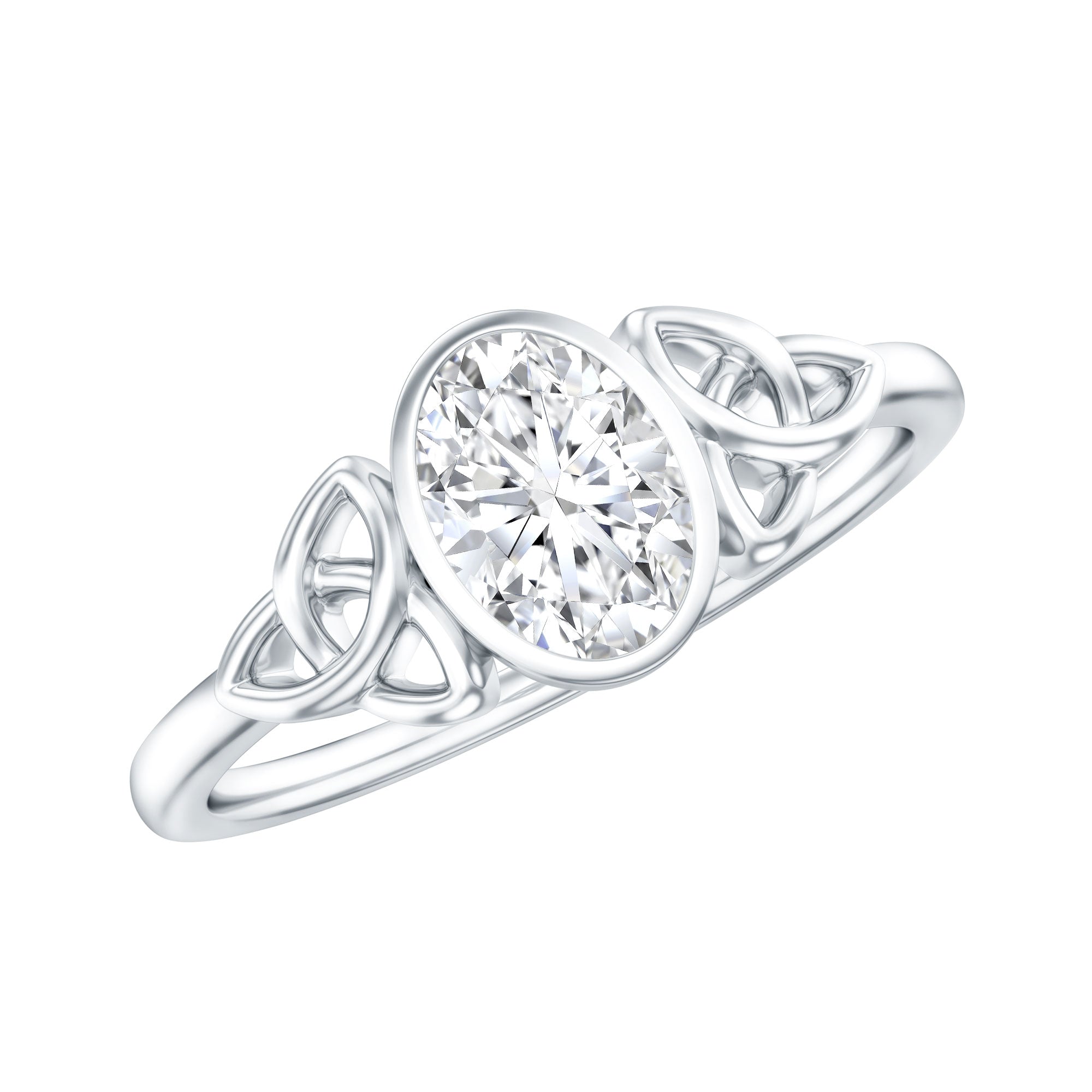 Oval Moissanite Solitaire Celtic Knot Ring in Bezel Setting D-VS1 - Rosec Jewels