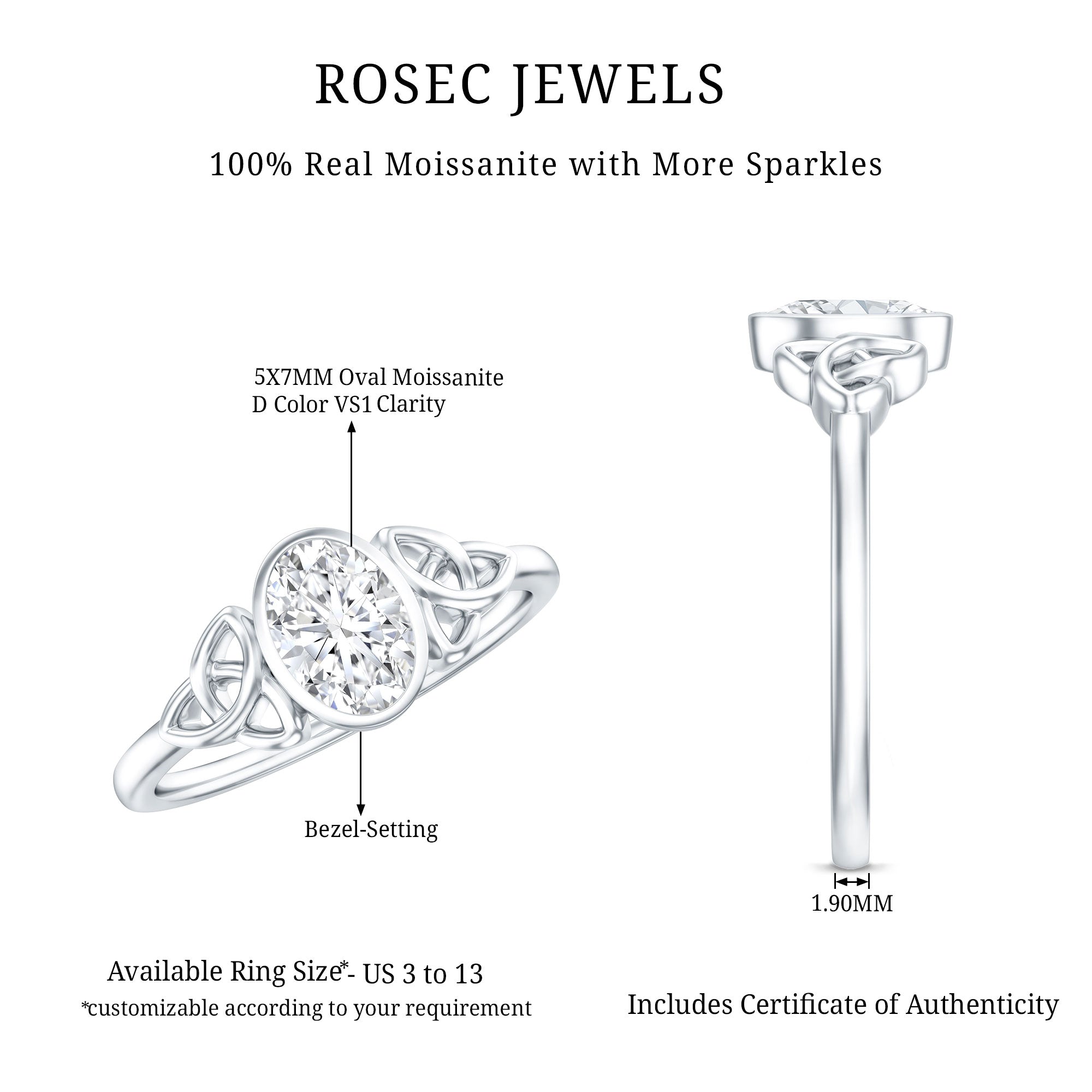 Oval Moissanite Solitaire Celtic Knot Ring in Bezel Setting D-VS1 - Rosec Jewels