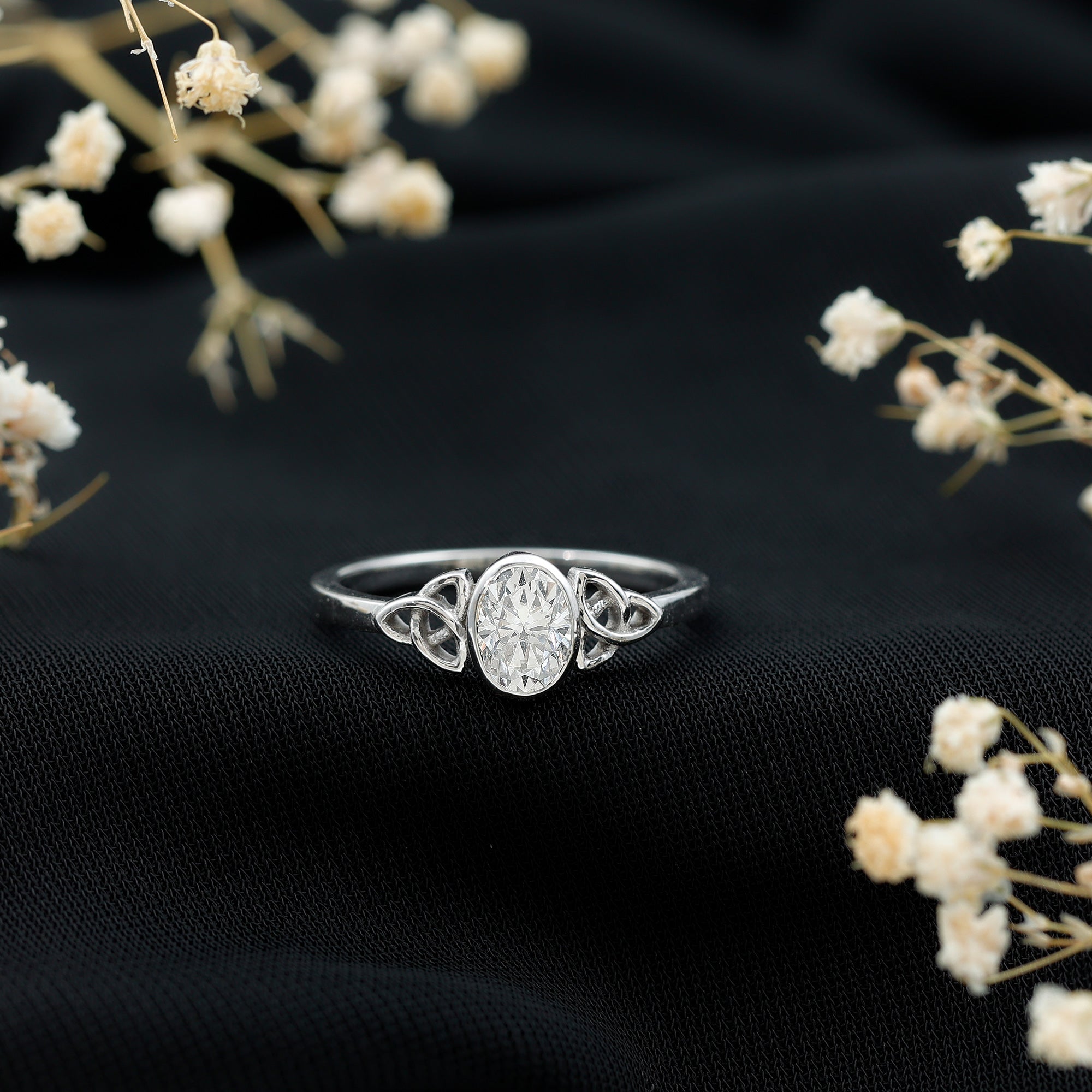 Oval Moissanite Solitaire Celtic Knot Ring in Bezel Setting D-VS1 - Rosec Jewels