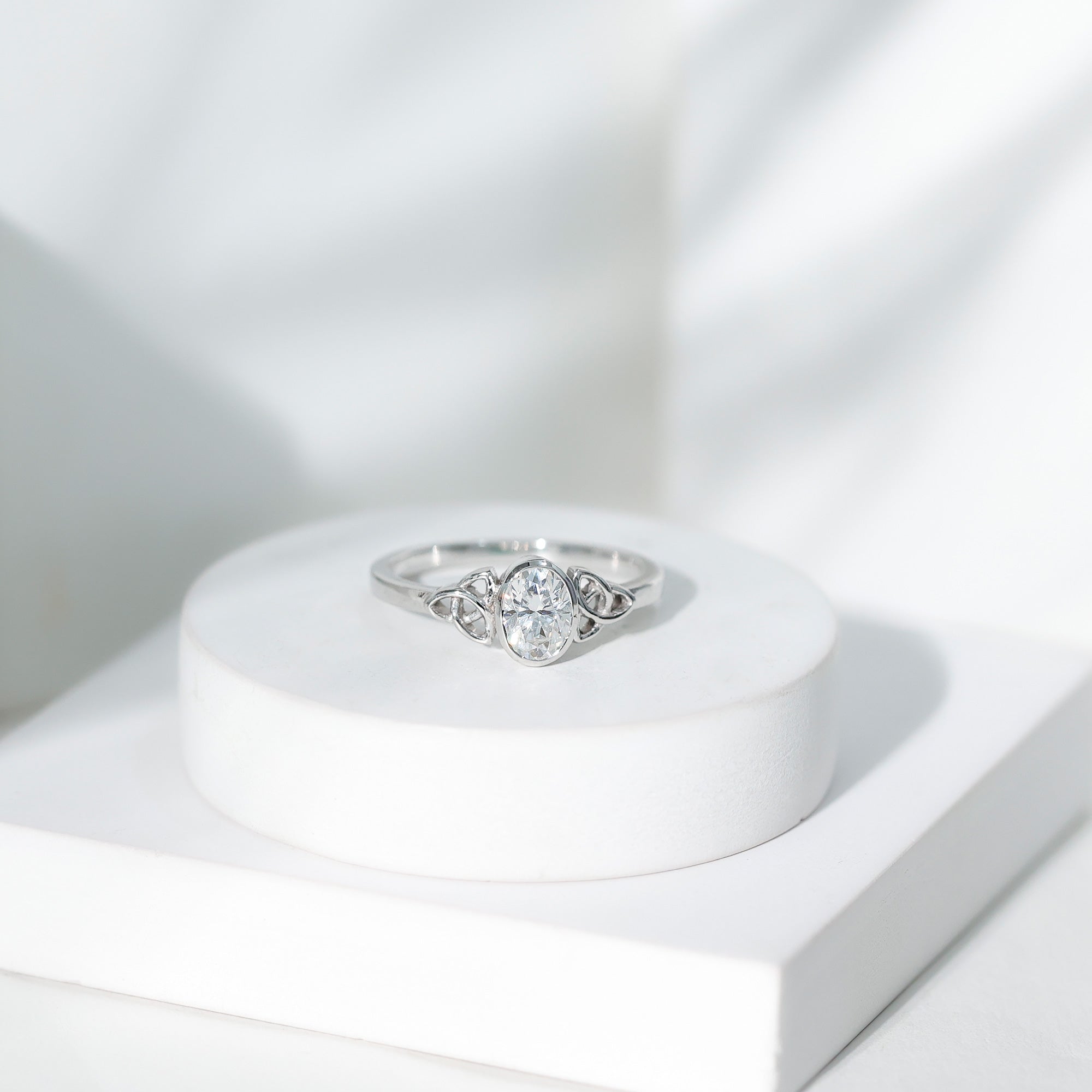 Oval Moissanite Solitaire Celtic Knot Ring in Bezel Setting D-VS1 - Rosec Jewels