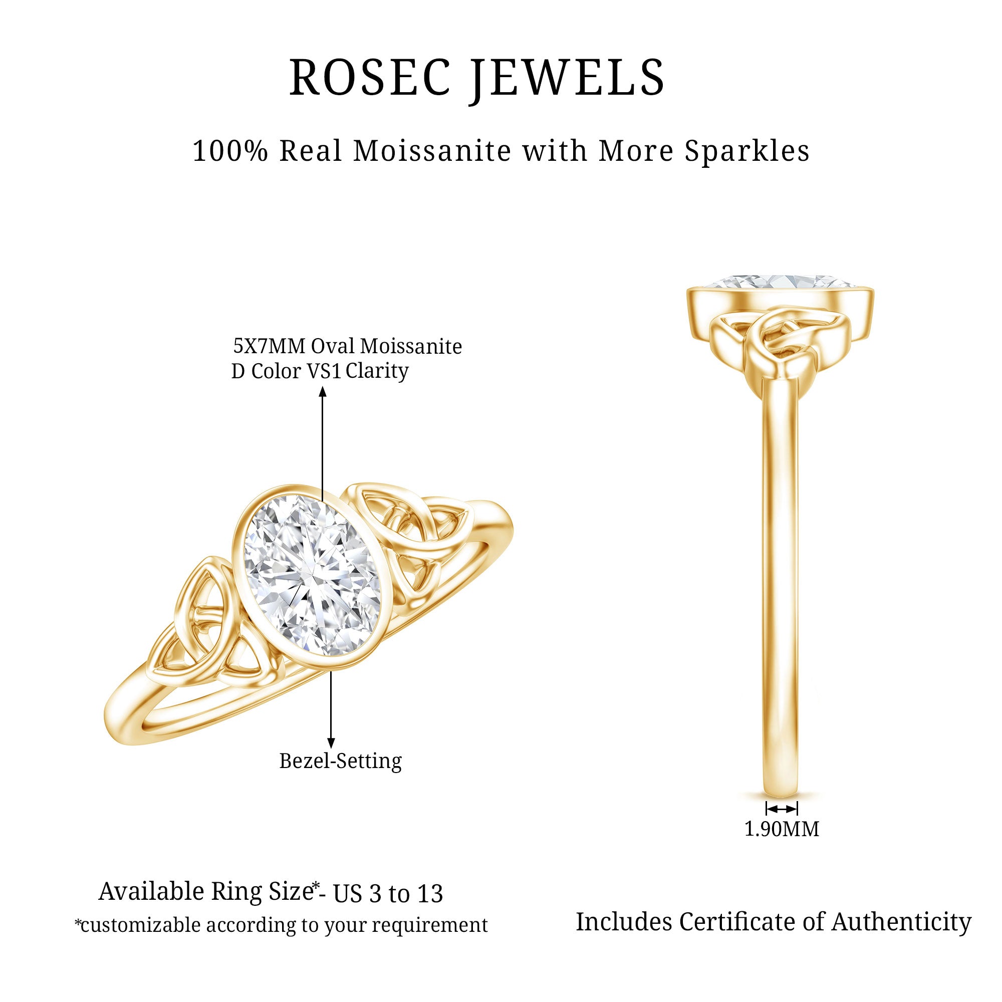 Oval Moissanite Solitaire Celtic Knot Ring in Bezel Setting D-VS1 - Rosec Jewels