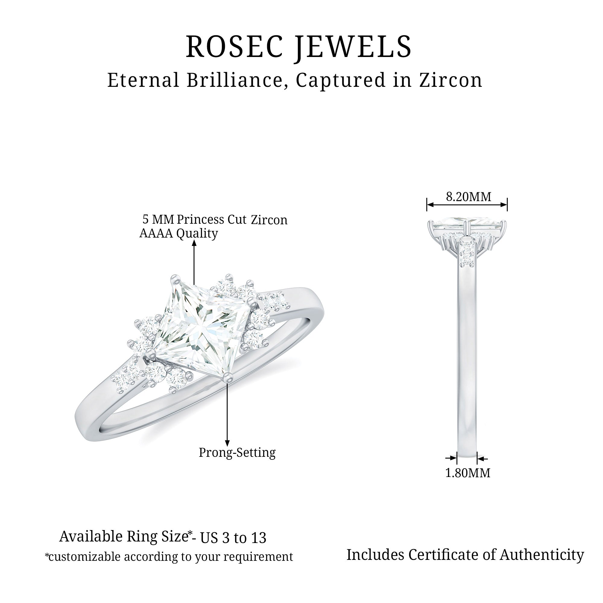 Simple Princess Cut Simulated Diamond Engagement Ring AAAA - Rosec Jewels