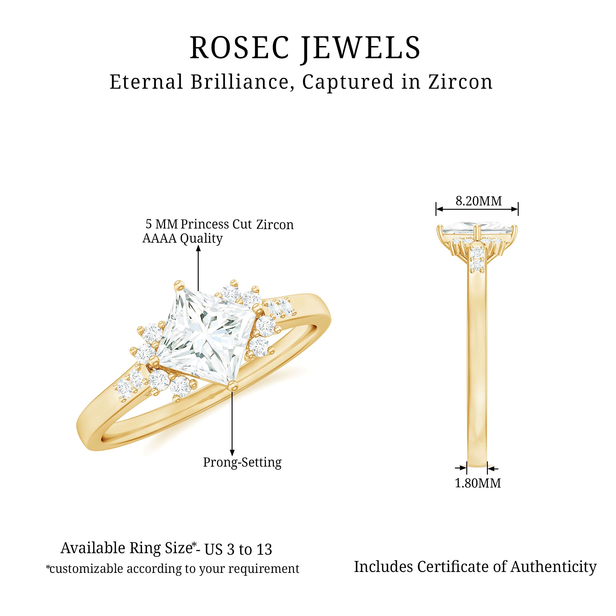 Simple Princess Cut Simulated Diamond Engagement Ring AAAA - Rosec Jewels