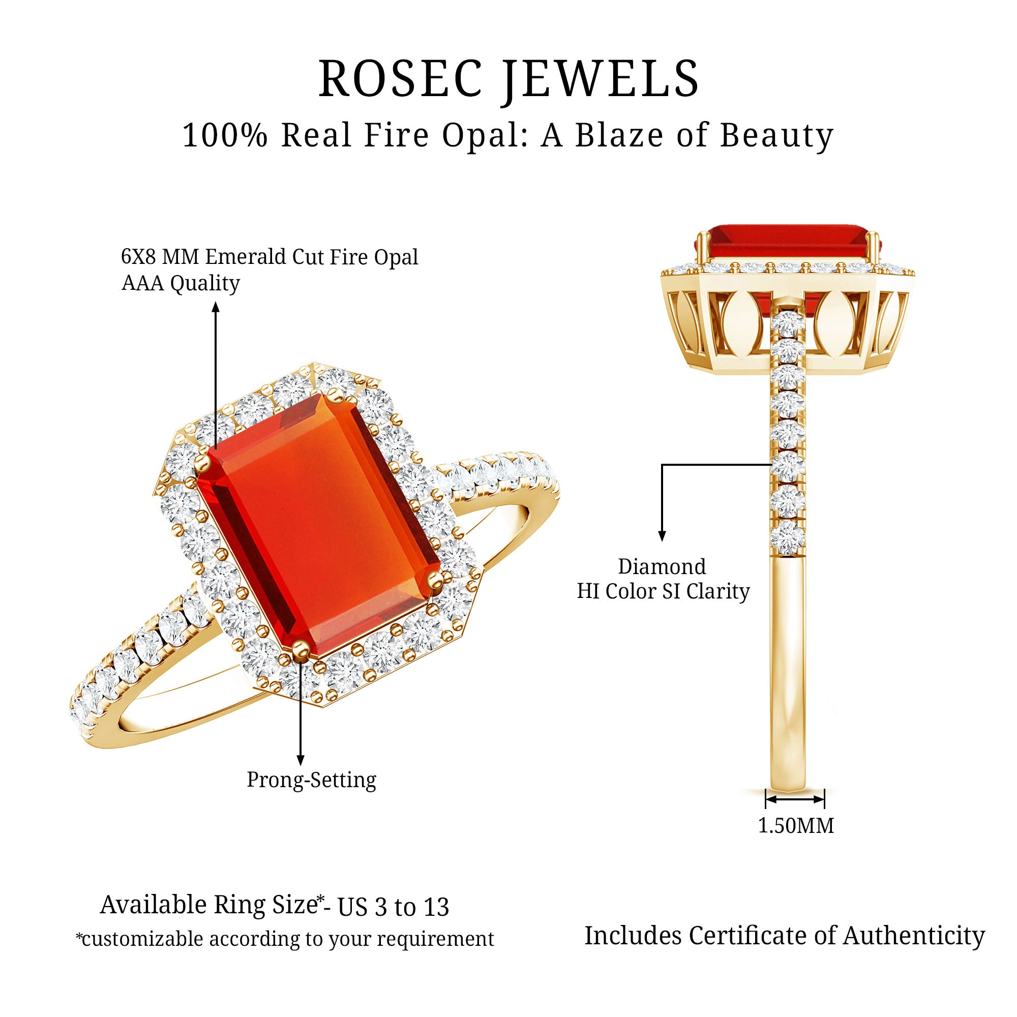 Emerald Cut Fire Opal Simple Engagement Ring with Diamond Halo AAA - Rosec Jewels