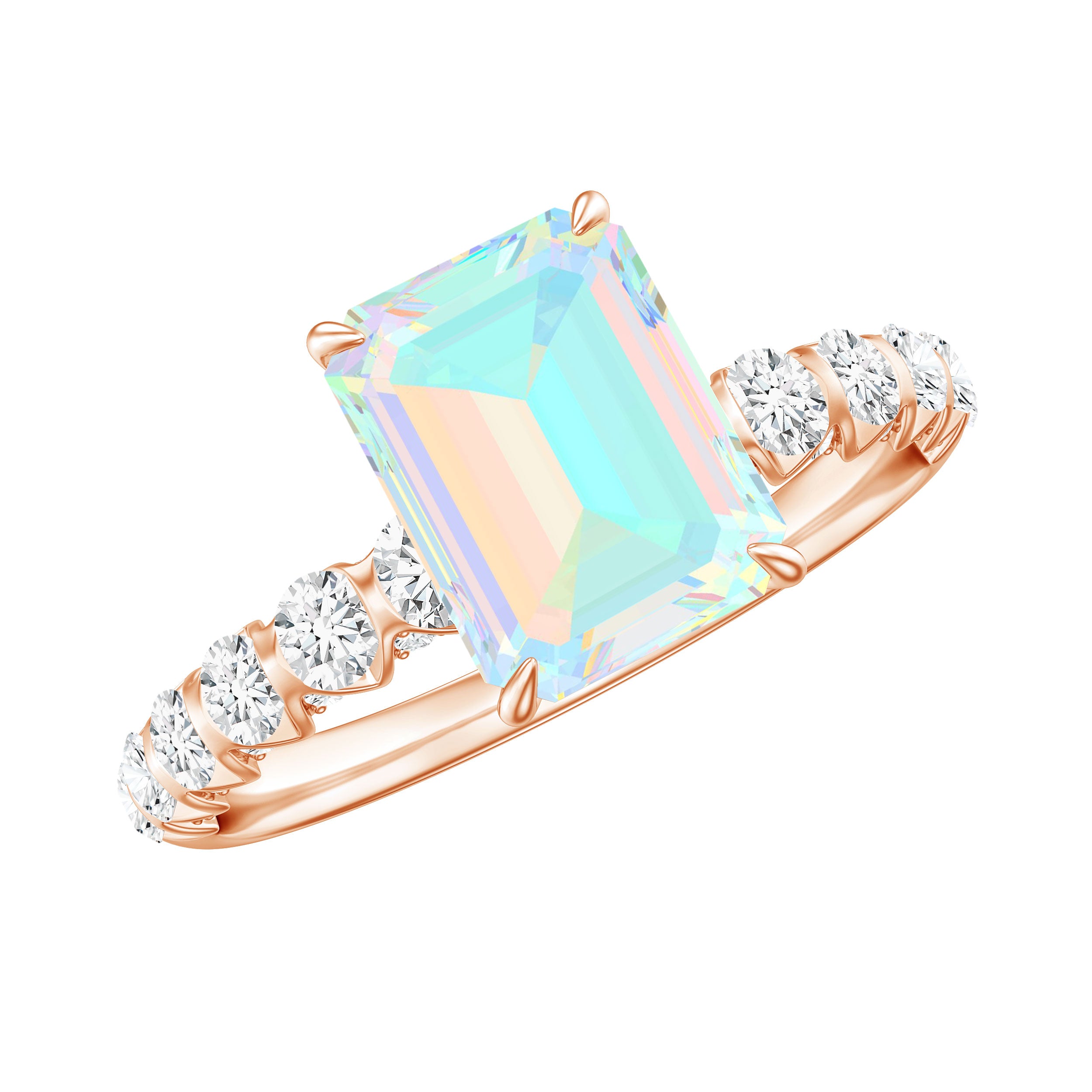Genuine Ethiopian Opal Emerald Cut Engagement Ring with Diamond Side Stones AAA - Rosec Jewels