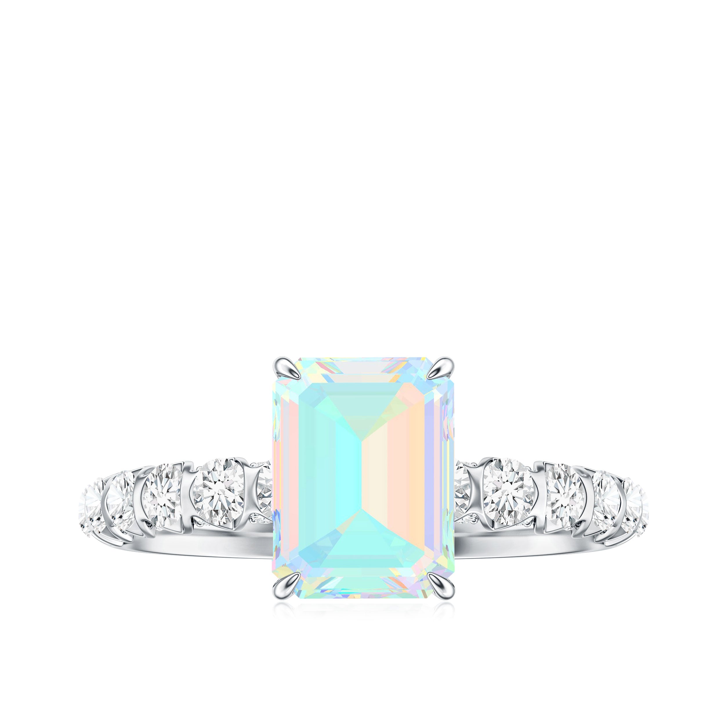 Genuine Ethiopian Opal Emerald Cut Engagement Ring with Diamond Side Stones AAA - Rosec Jewels