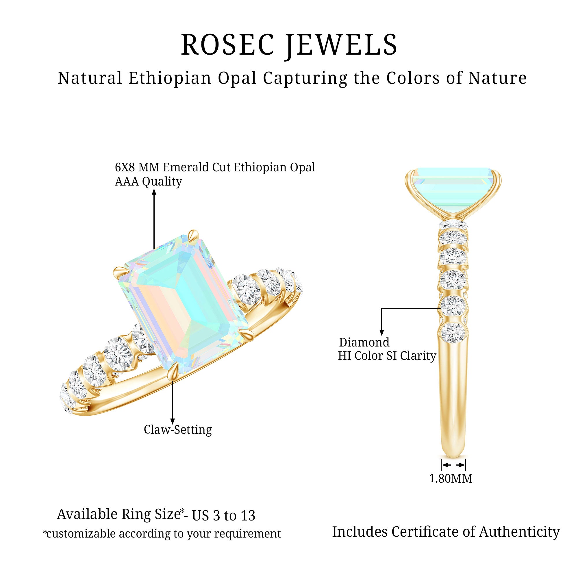 Genuine Ethiopian Opal Emerald Cut Engagement Ring with Diamond Side Stones AAA - Rosec Jewels