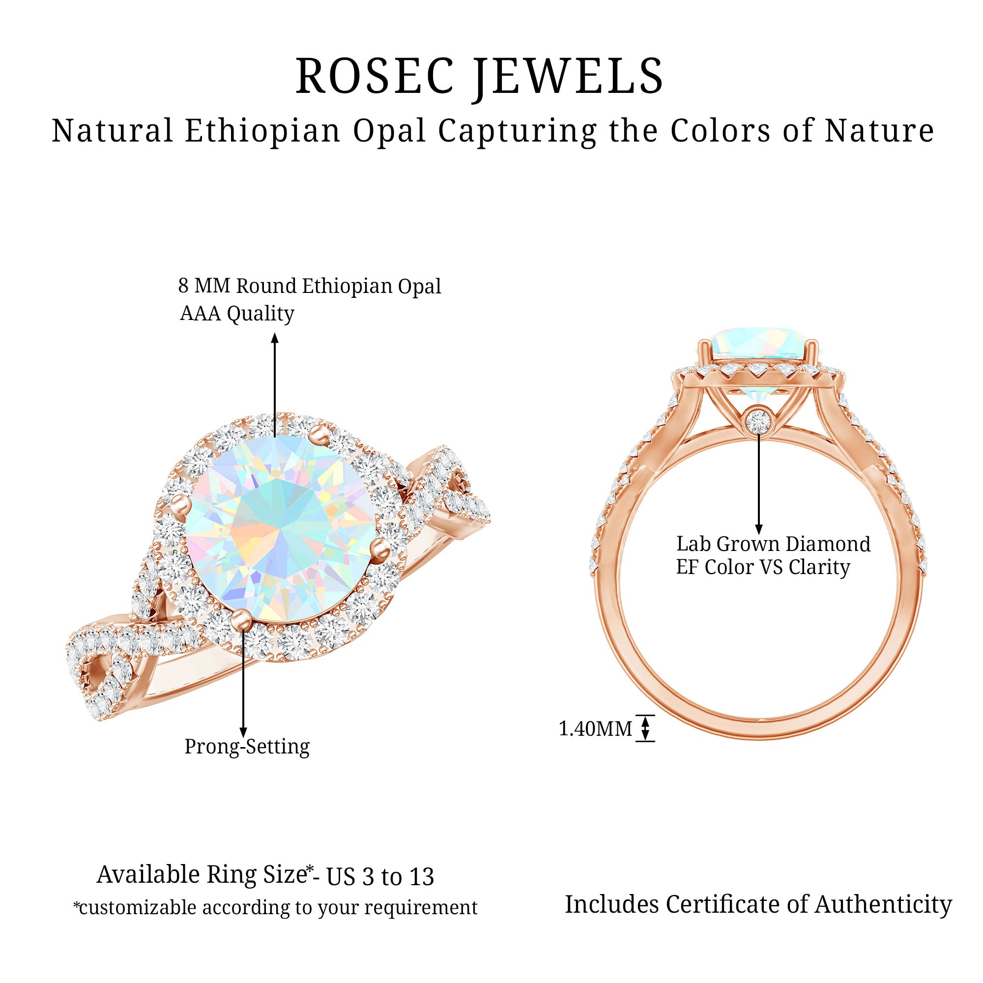 Real 2 Carat Ethiopian Opal Halo Engagement Ring with Crossover Shank AAA - Rosec Jewels