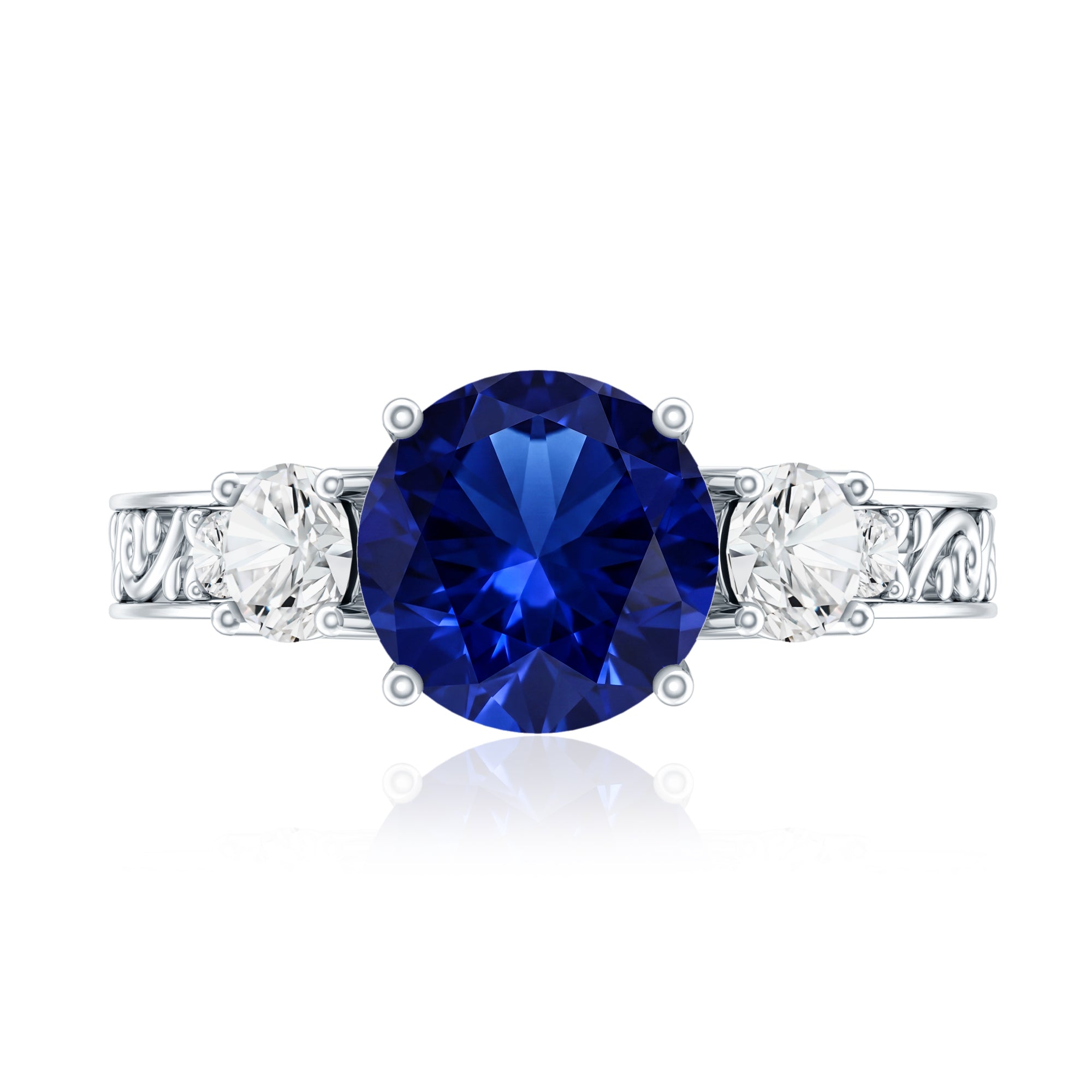 Round Created Blue Sapphire and Moissanite Art Deco Engagement Ring in Gold AAAA - Rosec Jewels