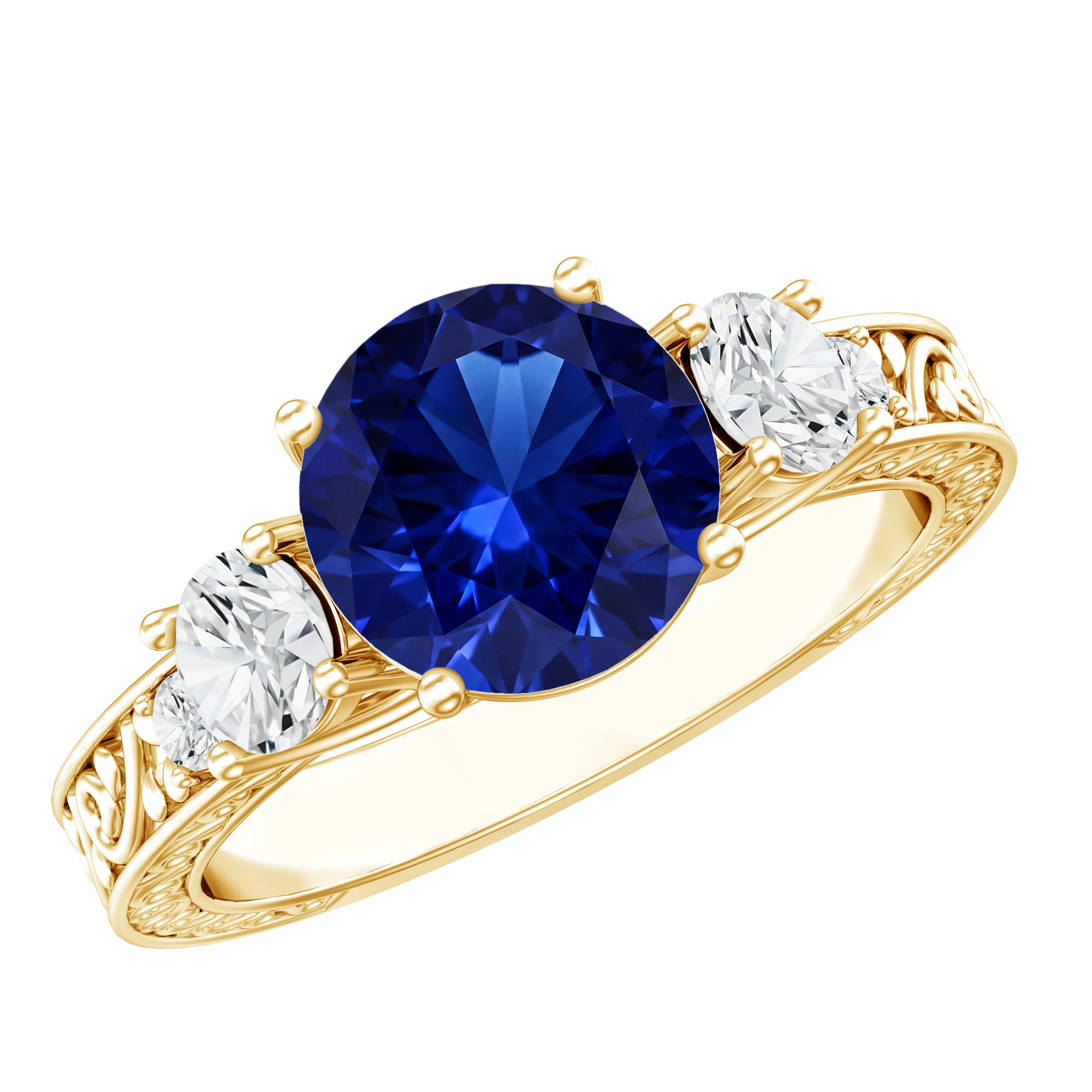 Round Created Blue Sapphire and Moissanite Art Deco Engagement Ring in Gold AAAA - Rosec Jewels