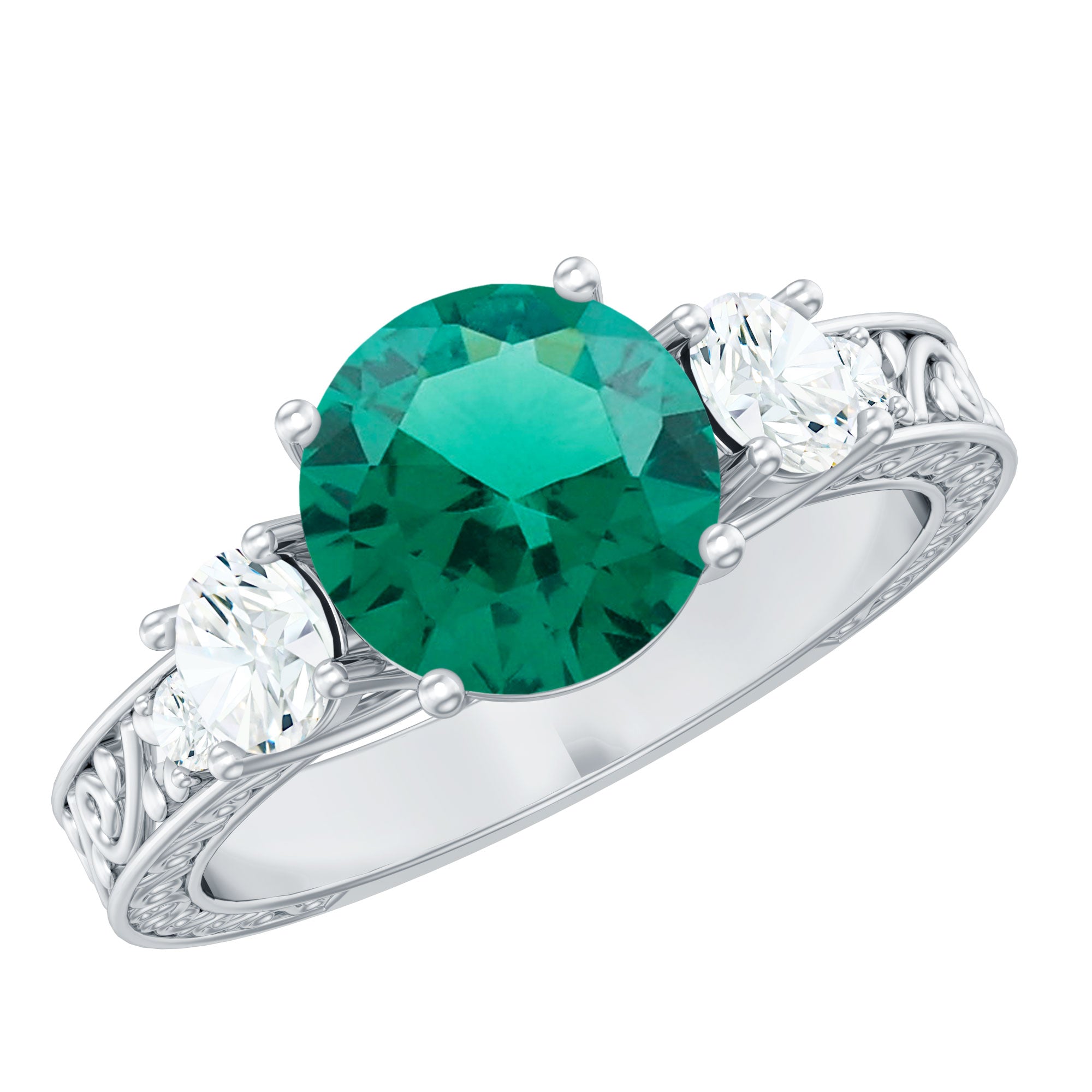 Antique Style Lab Grown Emerald Three Stone Engagement Ring with Moissanite