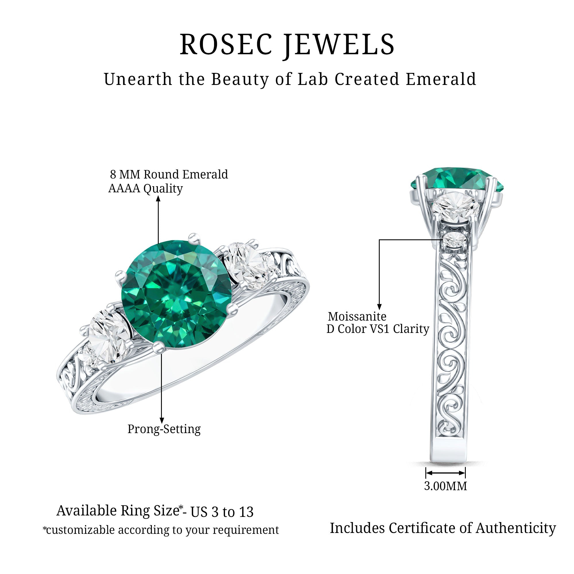 Antique Style Lab Grown Emerald Three Stone Engagement Ring with Moissanite AAAA - Rosec Jewels