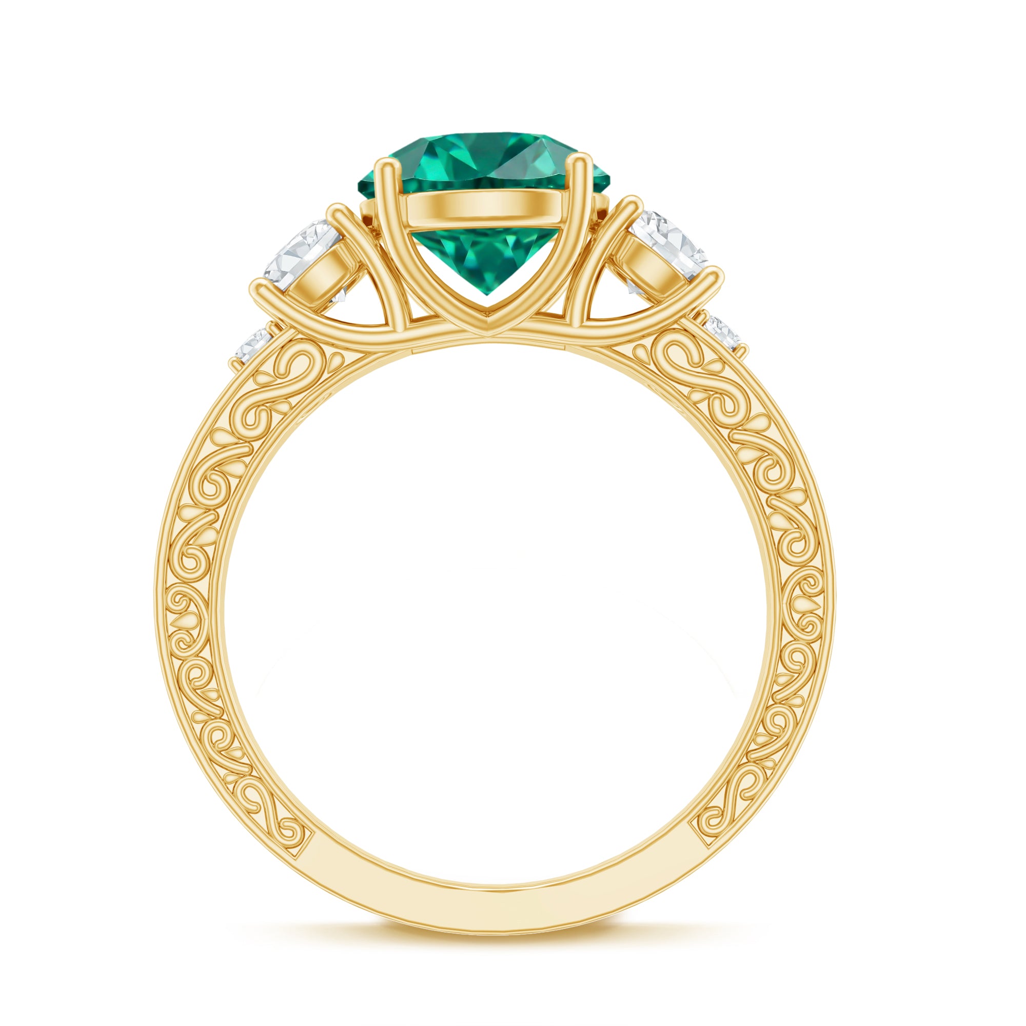 Antique Style Lab Grown Emerald Three Stone Engagement Ring with Moissanite AAAA - Rosec Jewels