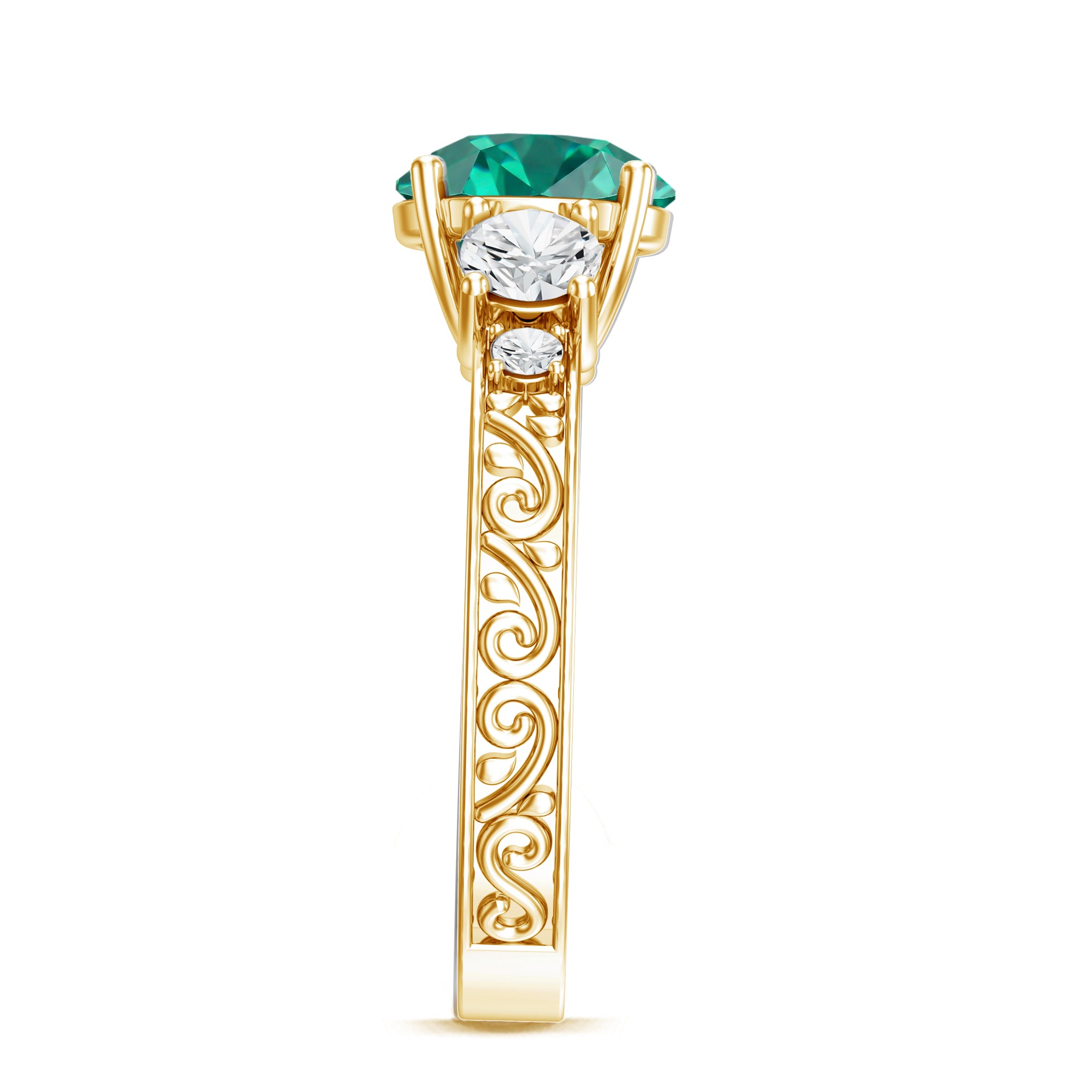 Antique Style Lab Grown Emerald Three Stone Engagement Ring with Moissanite AAAA - Rosec Jewels