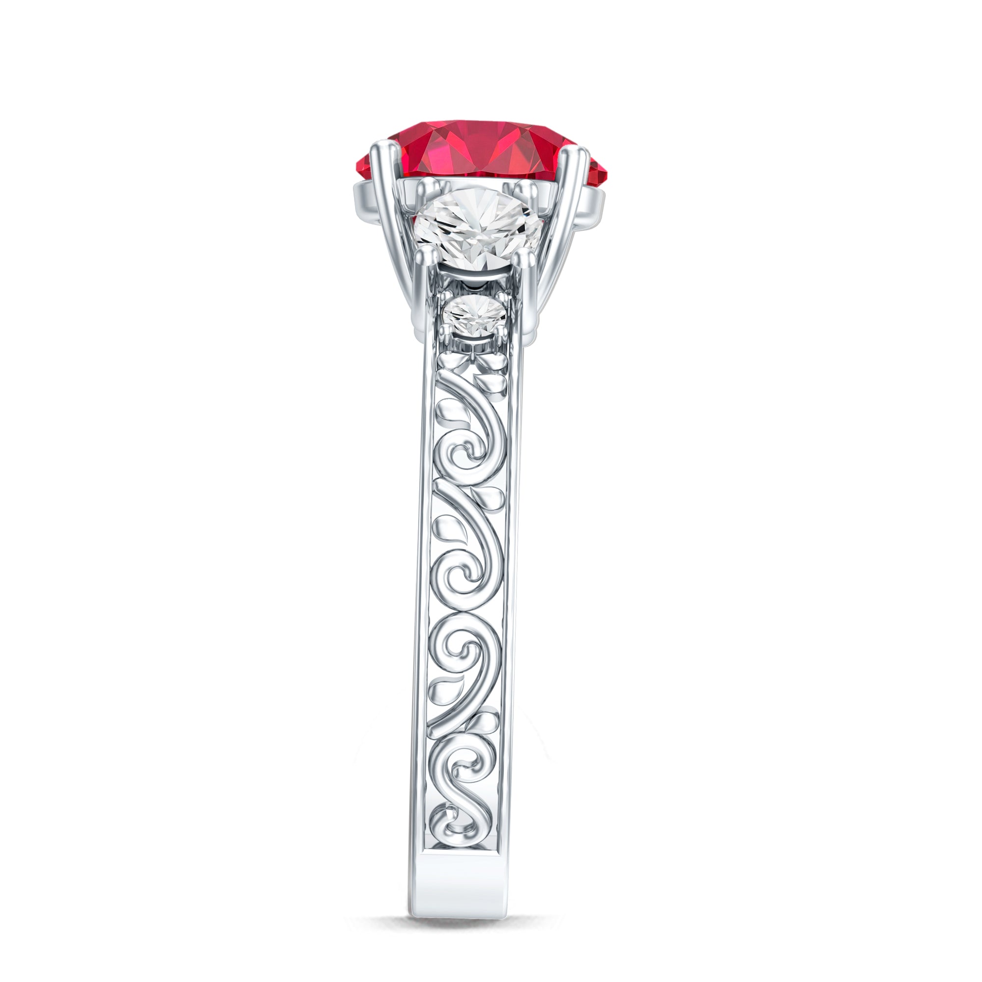 Lab Grown Ruby and Moissanite 3 Stone Engagement Ring With Certificate AAAA - Rosec Jewels
