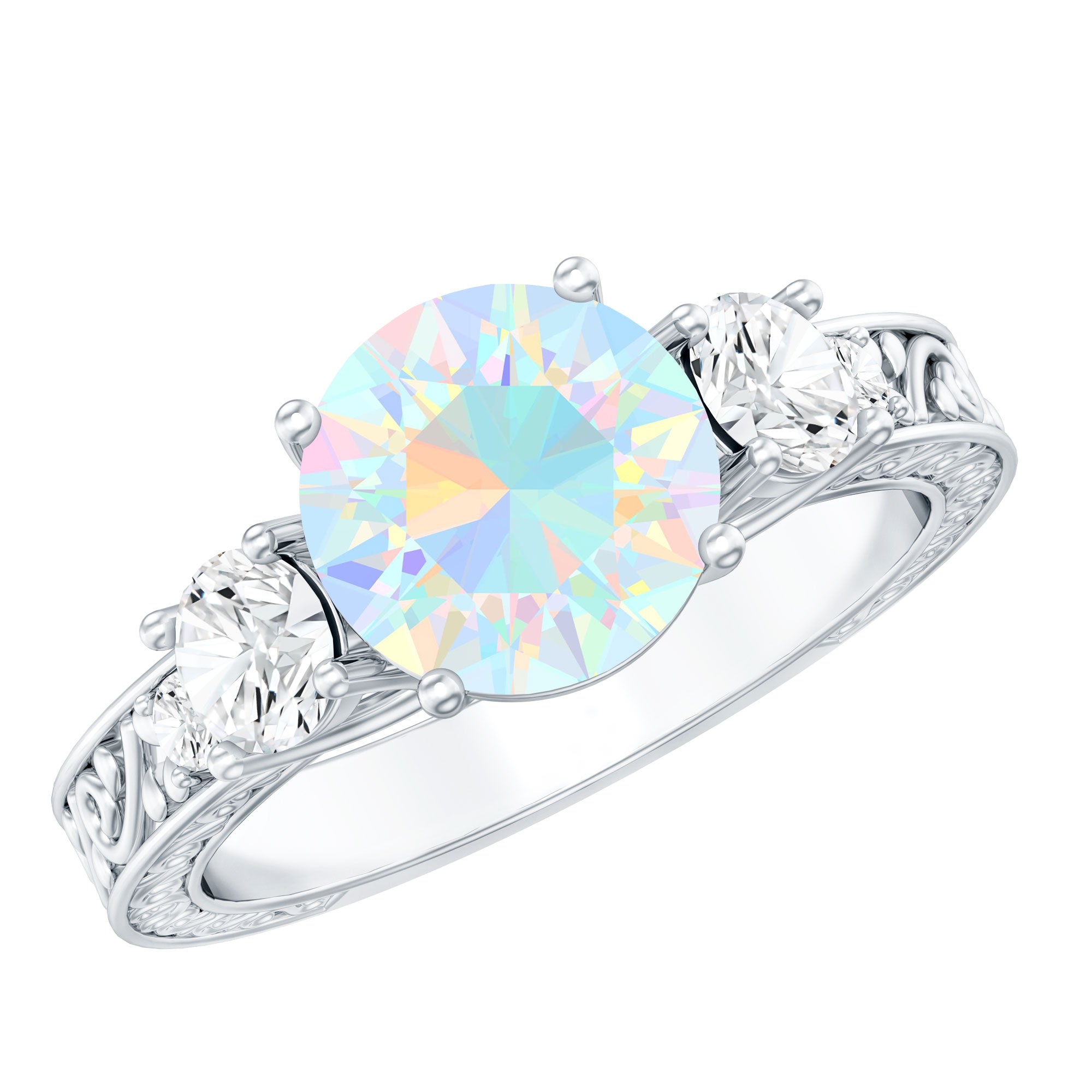 Bague de fiançailles Art Déco ronde en opale éthiopienne et moissanite en or