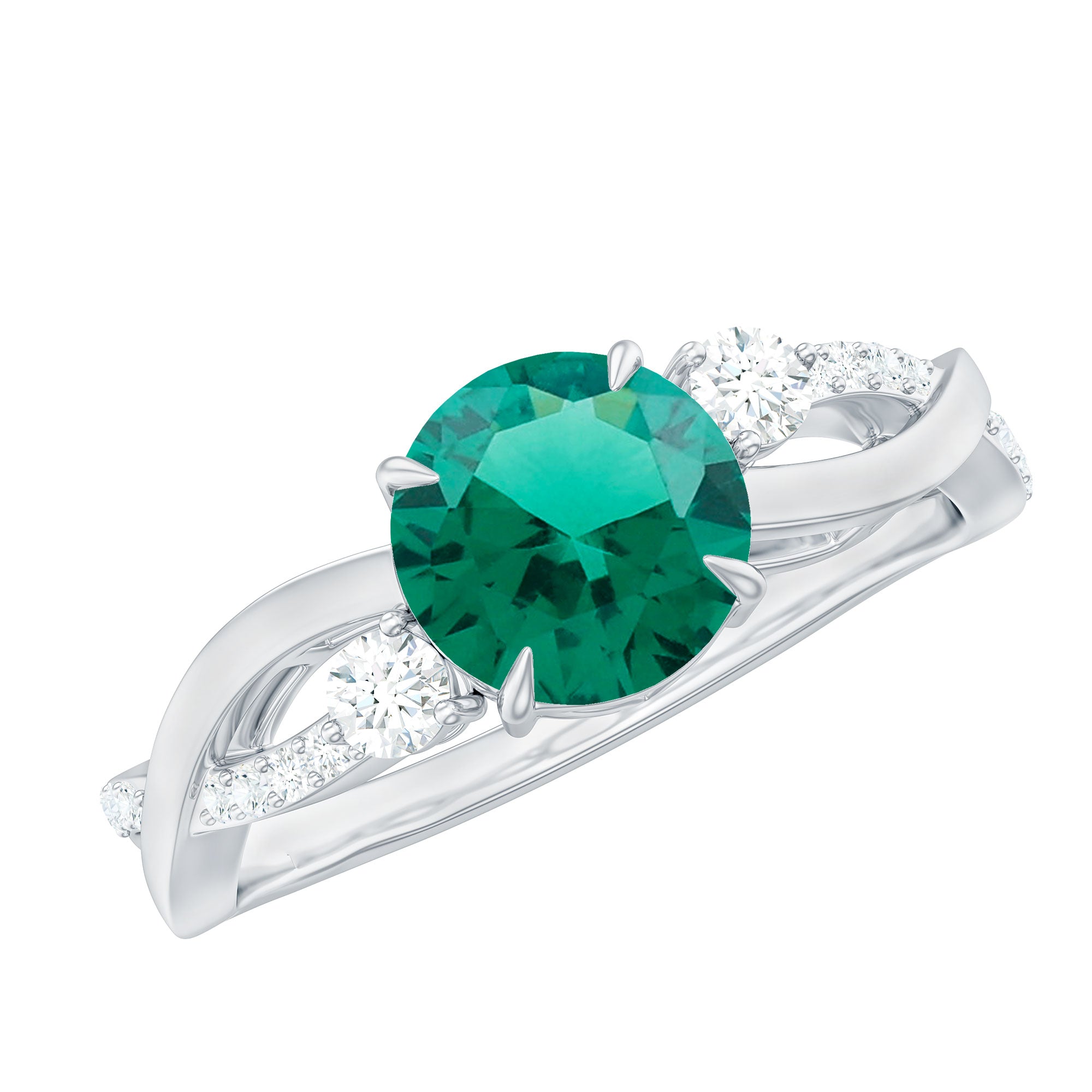 2 Carat Lab Grown Emerald and Diamond Engagement Ring with Crossover Shank