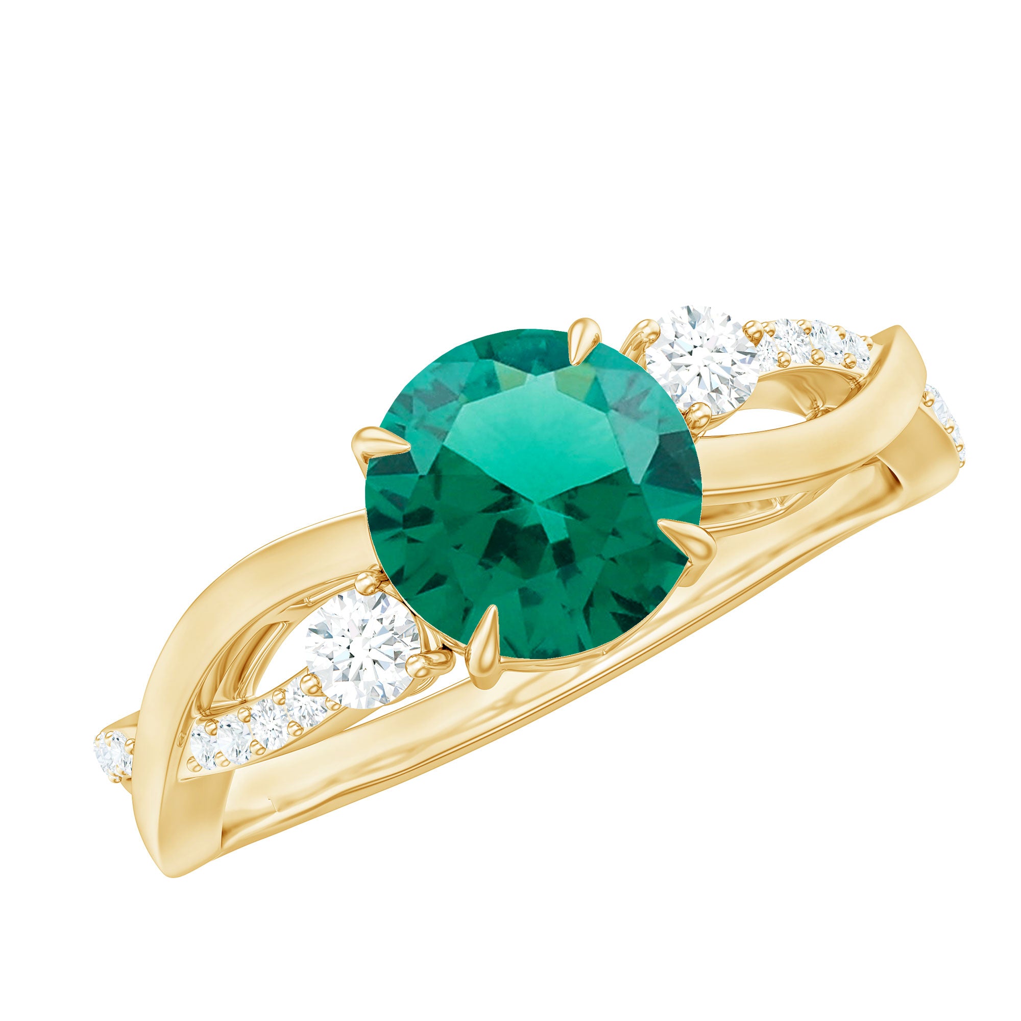 2 Carat Lab Grown Emerald and Diamond Engagement Ring with Crossover Shank AAAA - Rosec Jewels