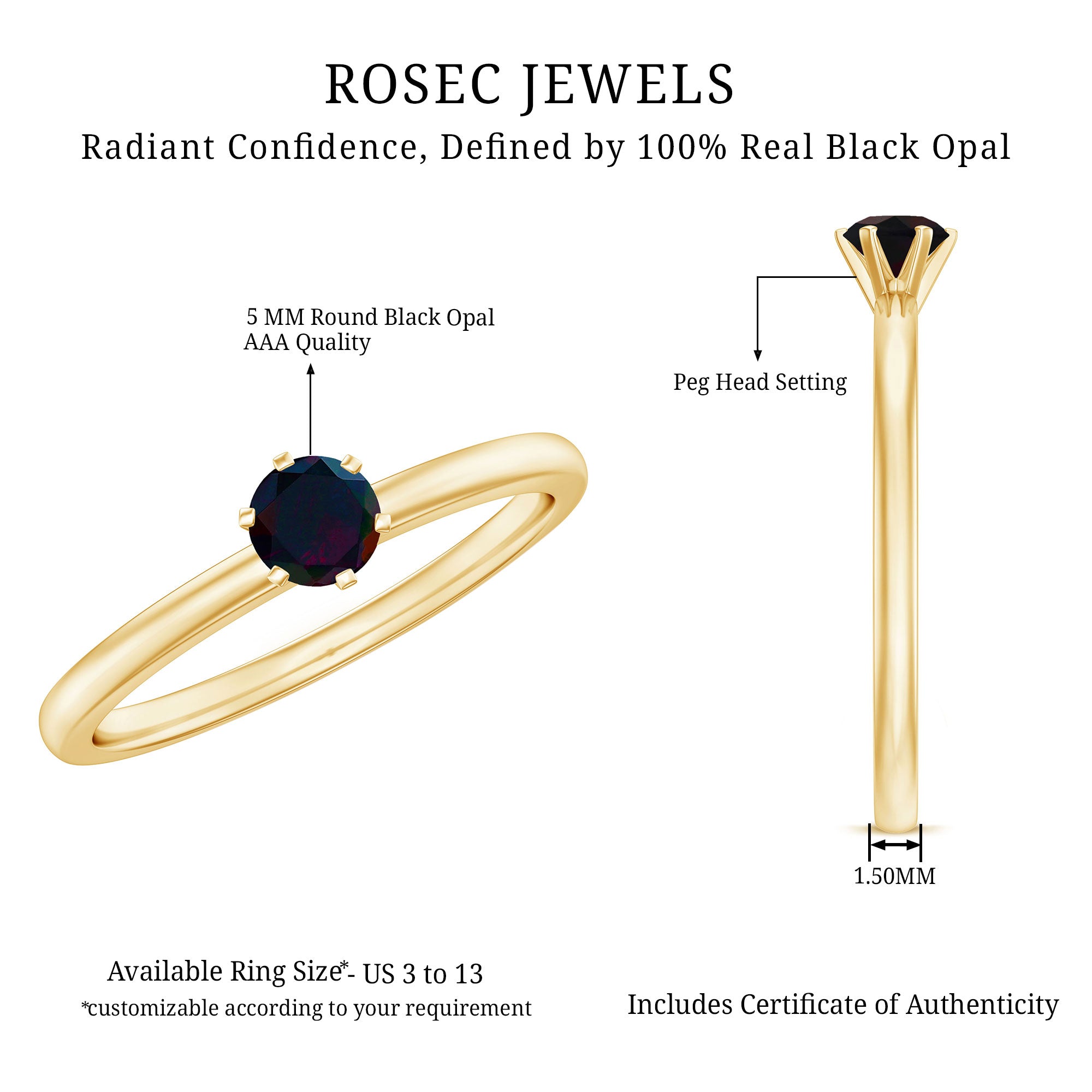 5MM Round Black Opal Solitaire Promise Ring AAA - Rosec Jewels