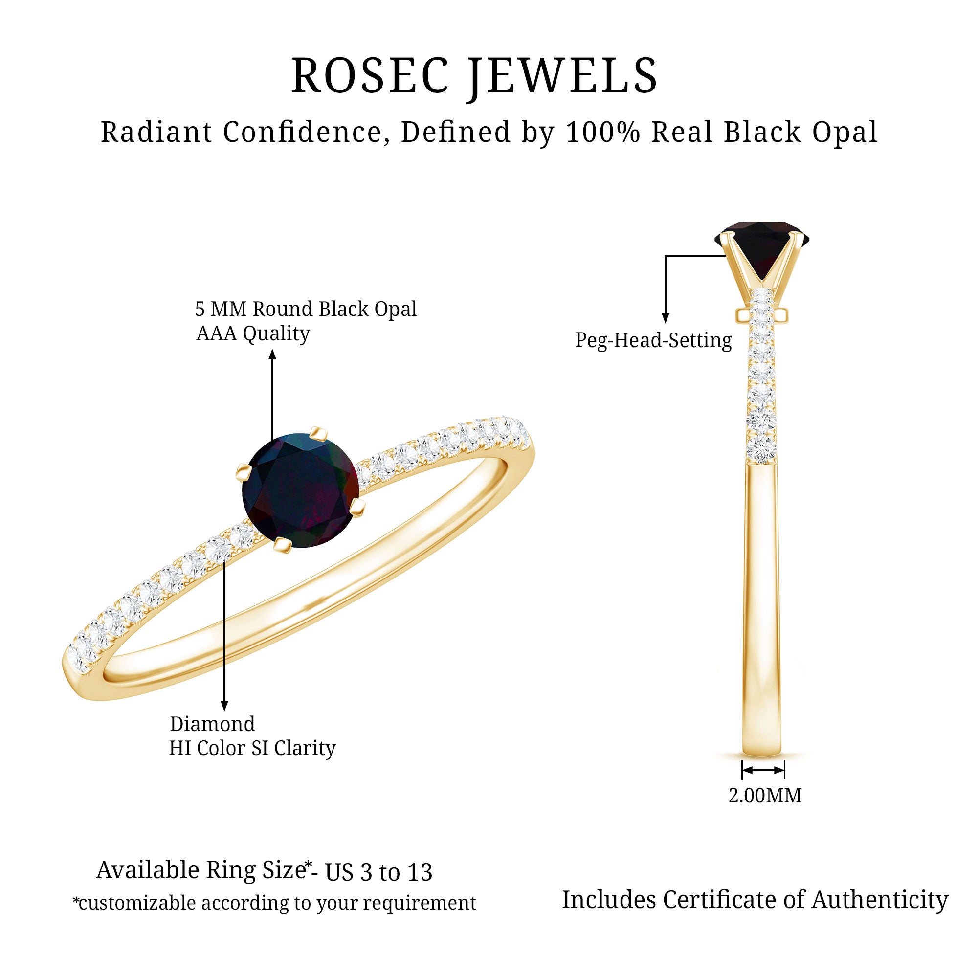 0.4 Carat Round Black Opal Solitaire Engagement Ring with Diamond AAA - Rosec Jewels