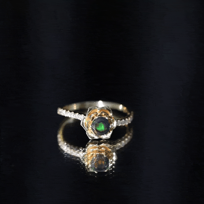 Real Black Opal and Diamond Flower Engagement Ring AAA - Rosec Jewels
