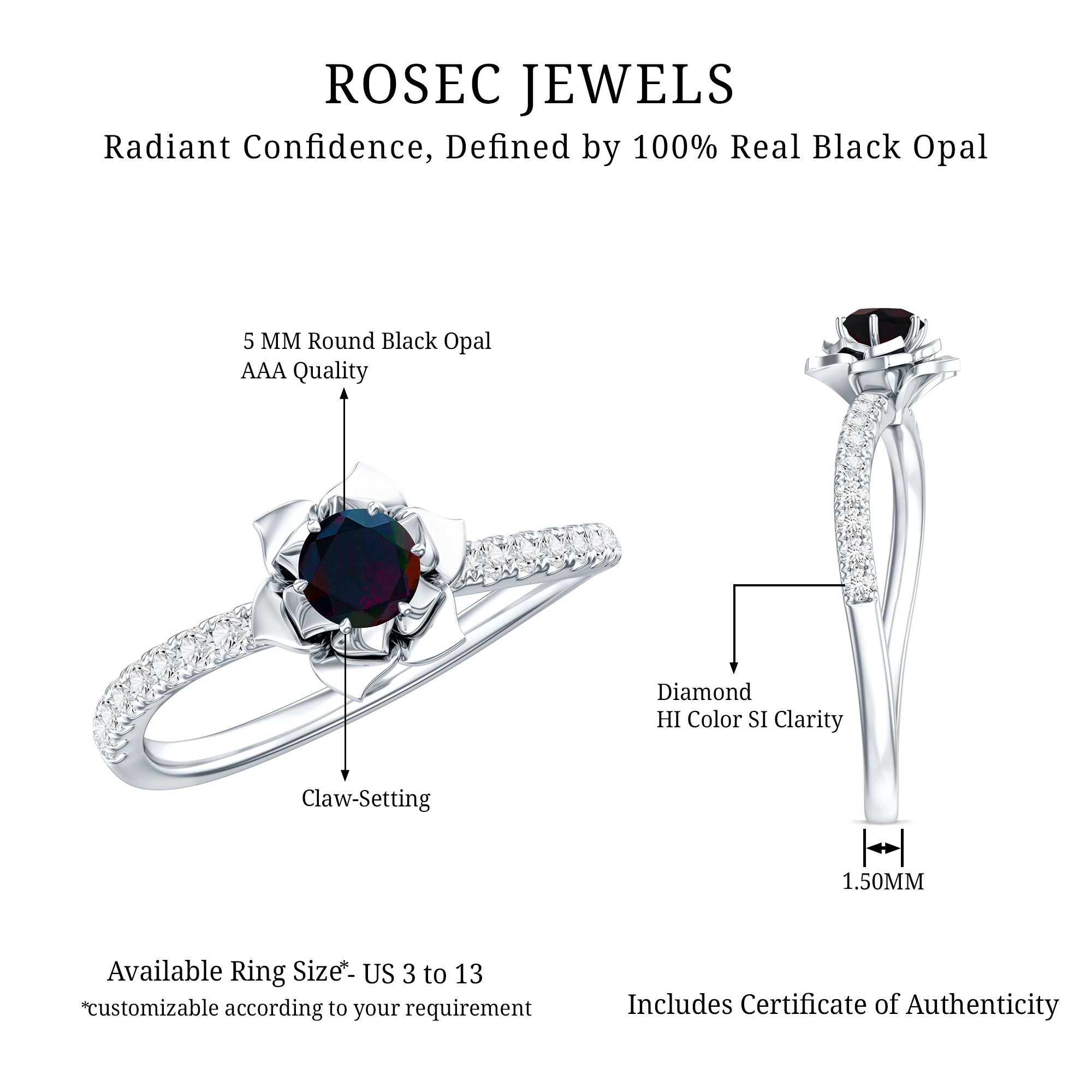 Real Black Opal and Diamond Flower Engagement Ring AAA - Rosec Jewels