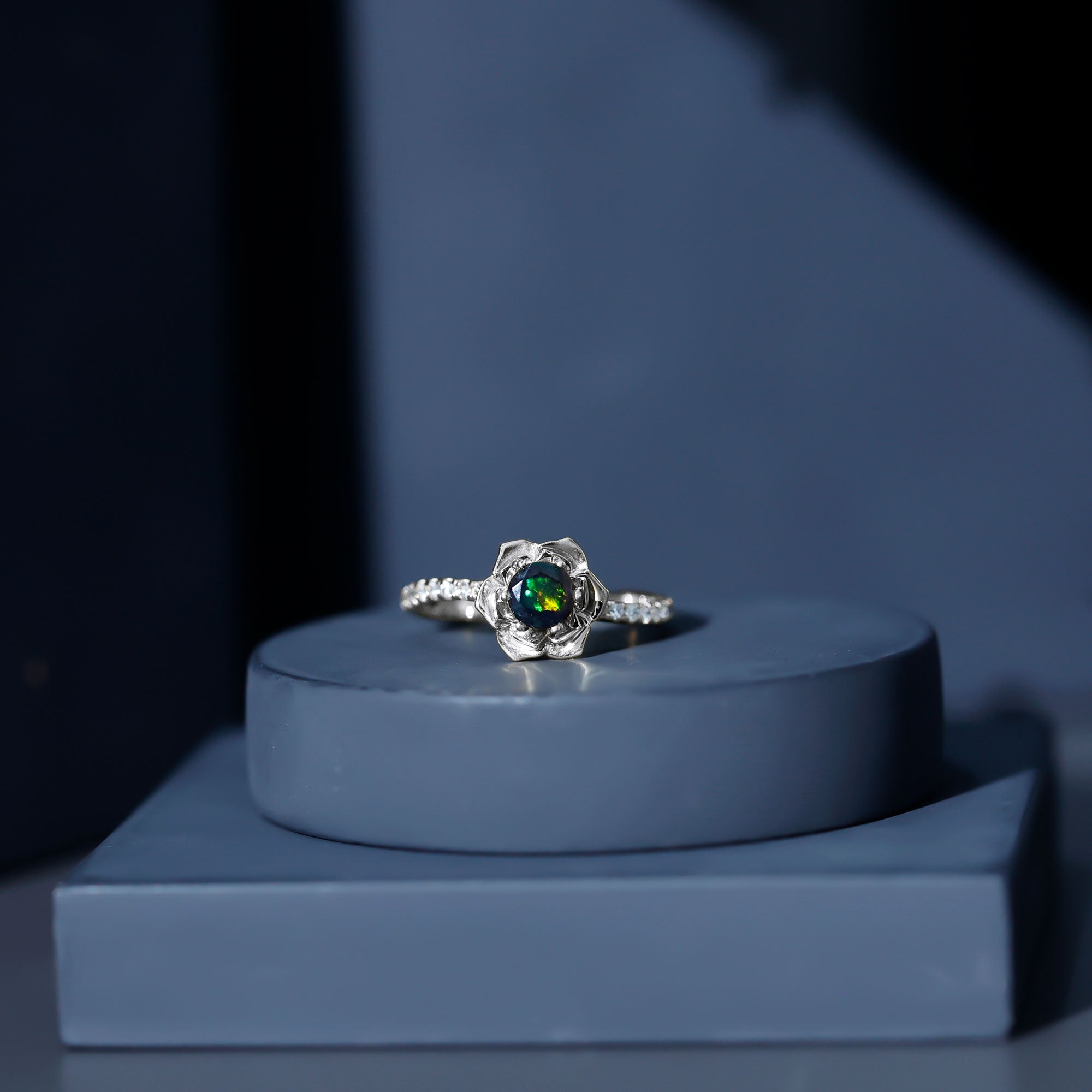 Real Black Opal and Diamond Flower Engagement Ring AAA - Rosec Jewels