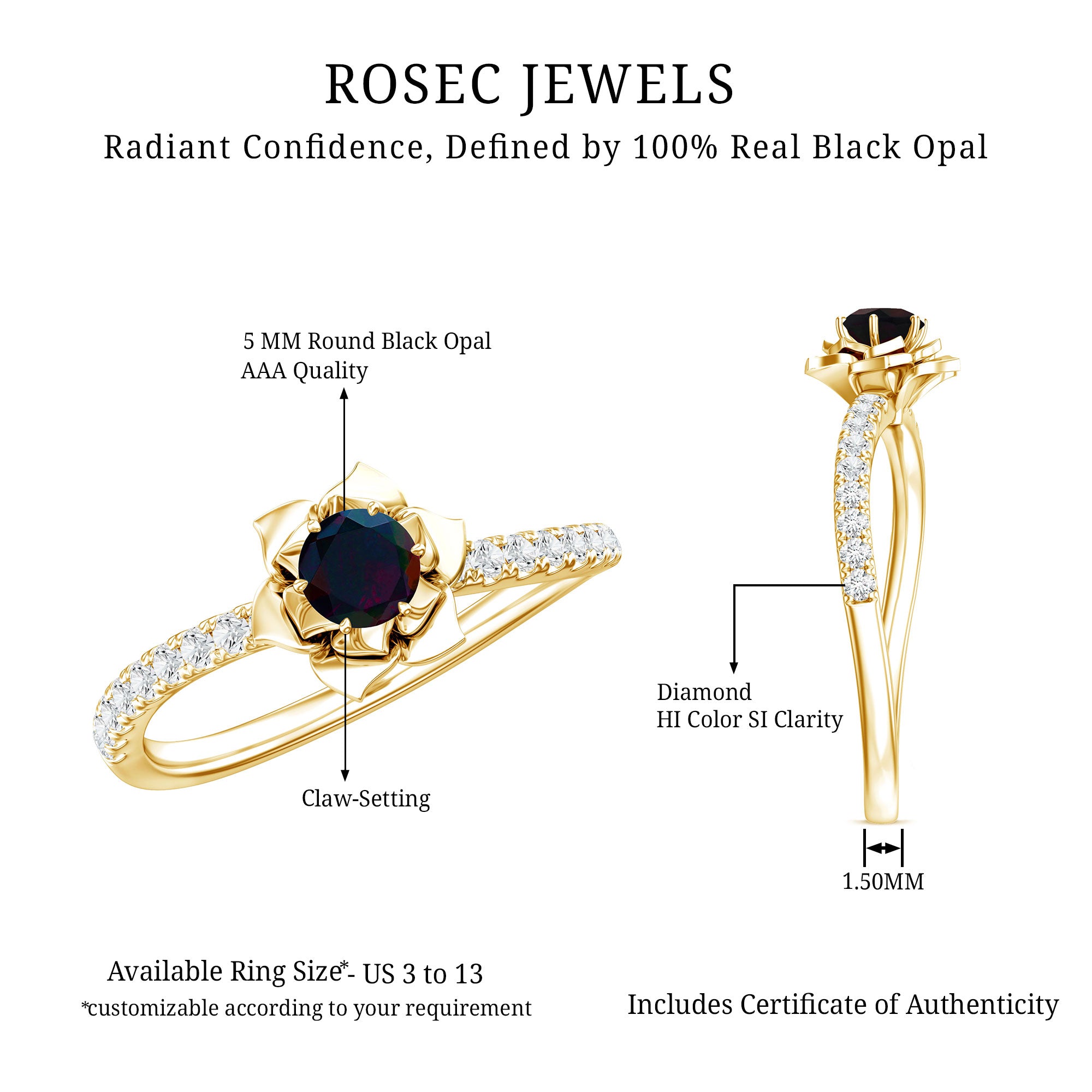 Real Black Opal and Diamond Flower Engagement Ring AAA - Rosec Jewels