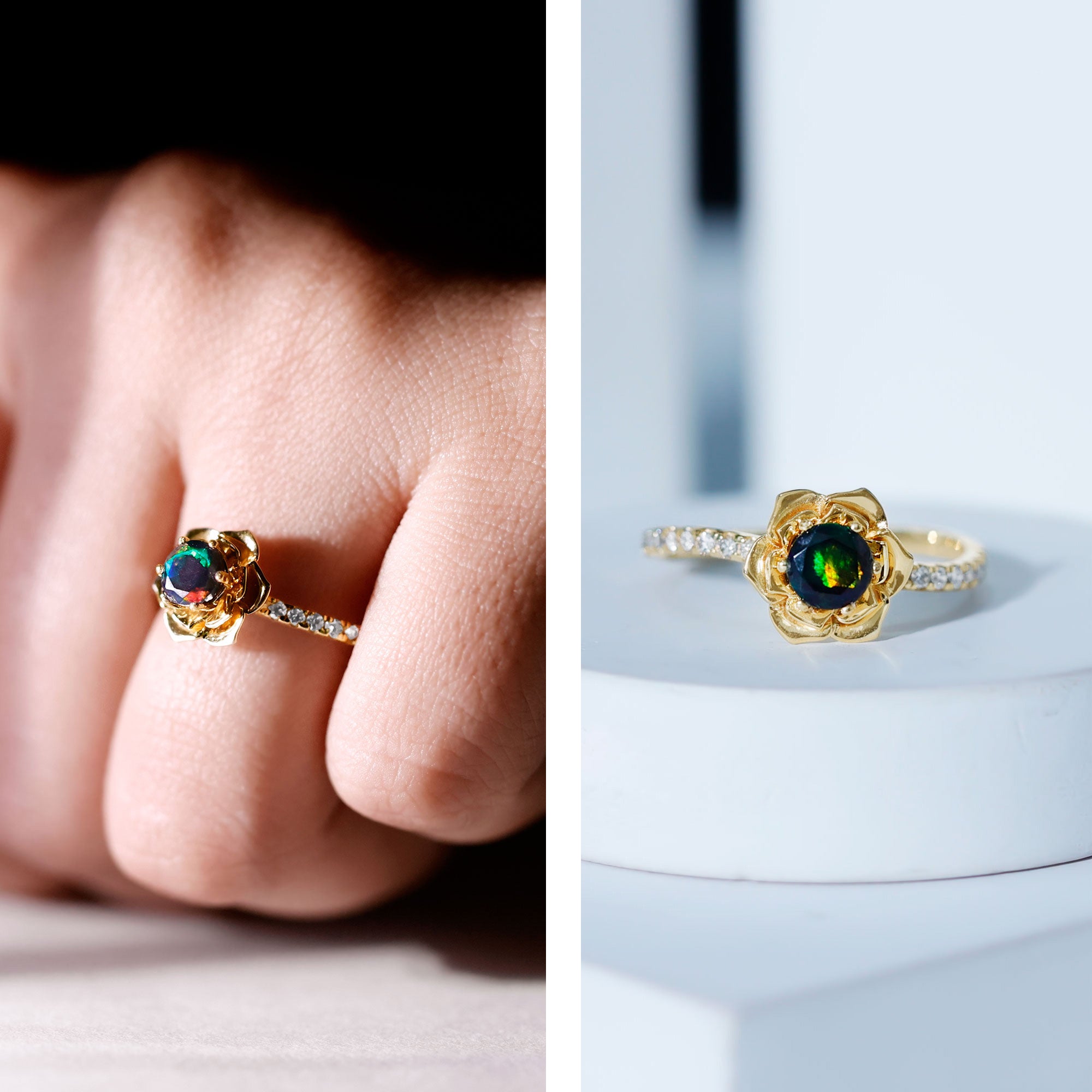 Real Black Opal and Diamond Flower Engagement Ring AAA - Rosec Jewels