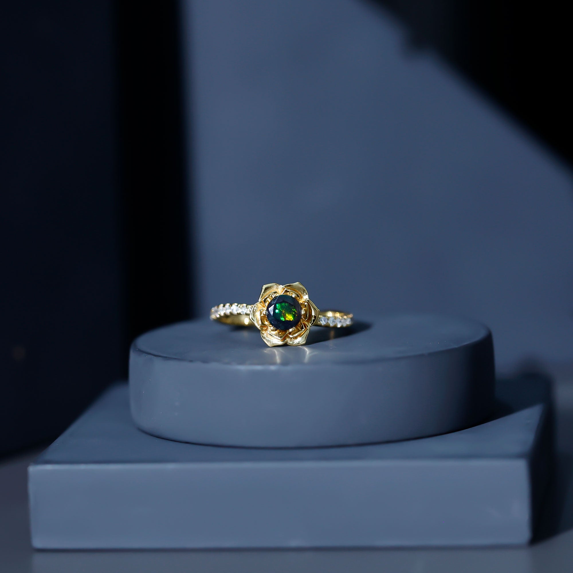 Real Black Opal and Diamond Flower Engagement Ring AAA - Rosec Jewels