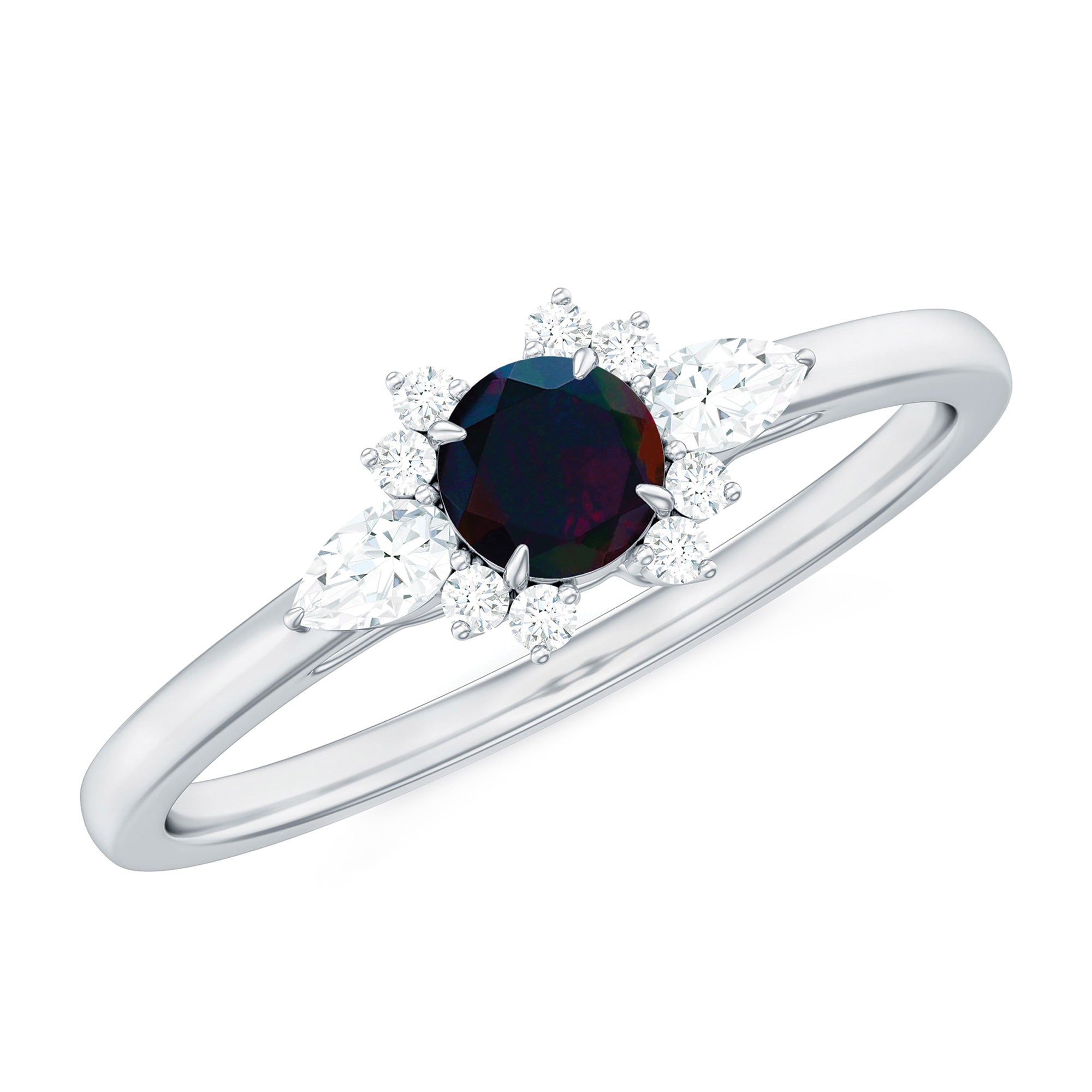 Claw Set Round Black Opal and Diamond Promise Ring AAA - Rosec Jewels