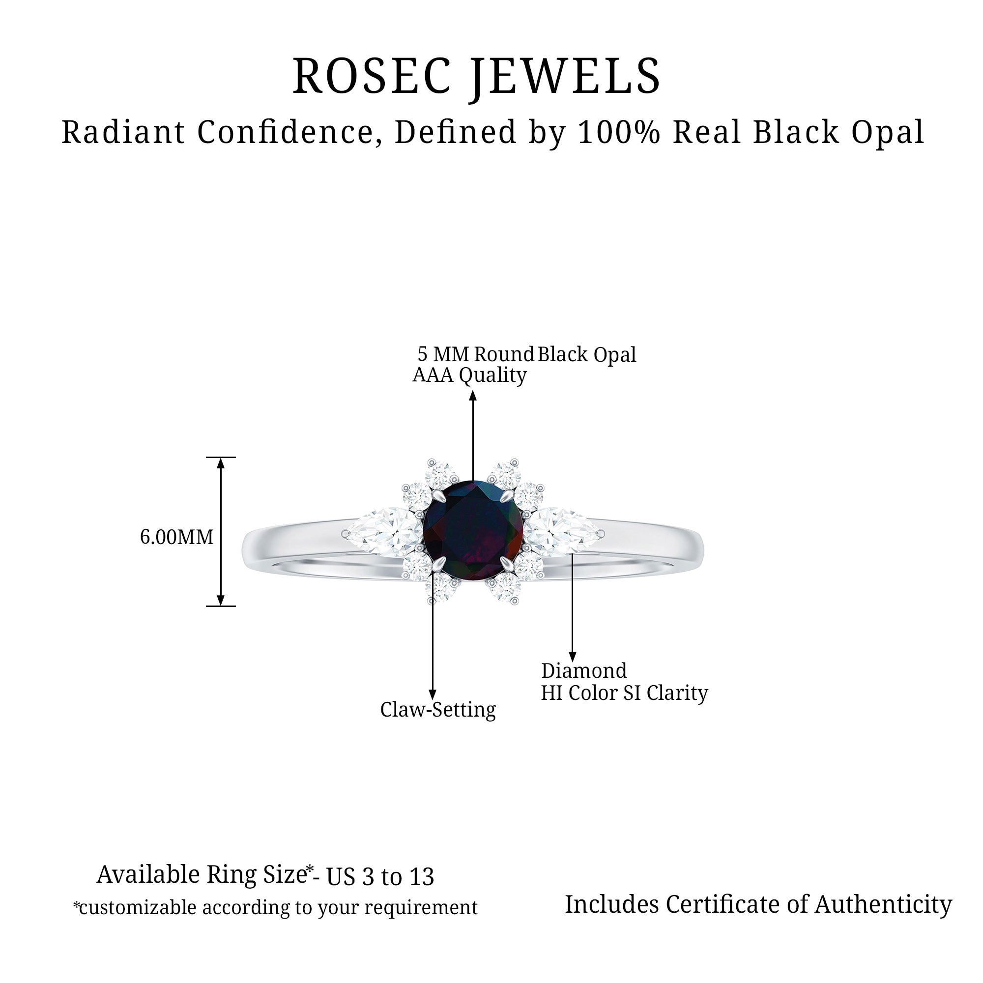 Claw Set Round Black Opal and Diamond Promise Ring AAA - Rosec Jewels