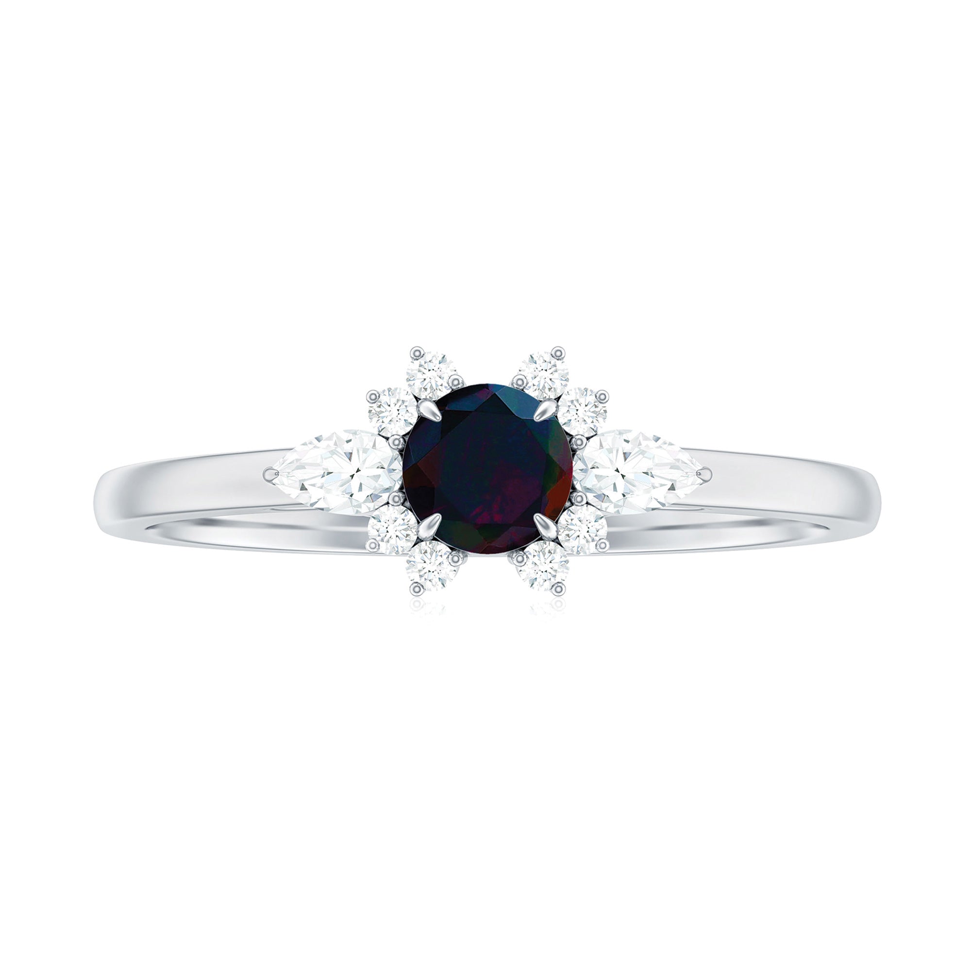 Claw Set Round Black Opal and Diamond Promise Ring AAA - Rosec Jewels