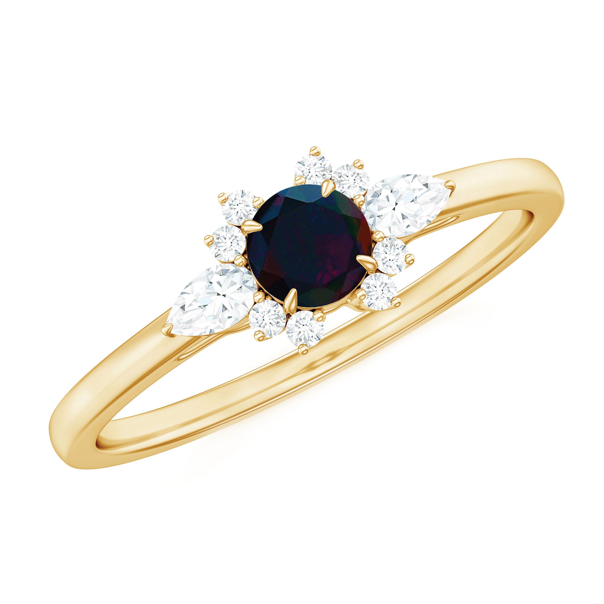 Claw Set Round Black Opal and Diamond Promise Ring AAA - Rosec Jewels