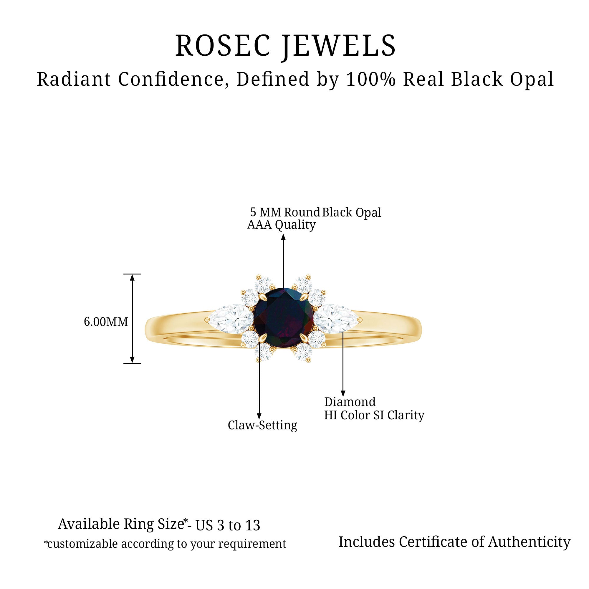 Claw Set Round Black Opal and Diamond Promise Ring AAA - Rosec Jewels