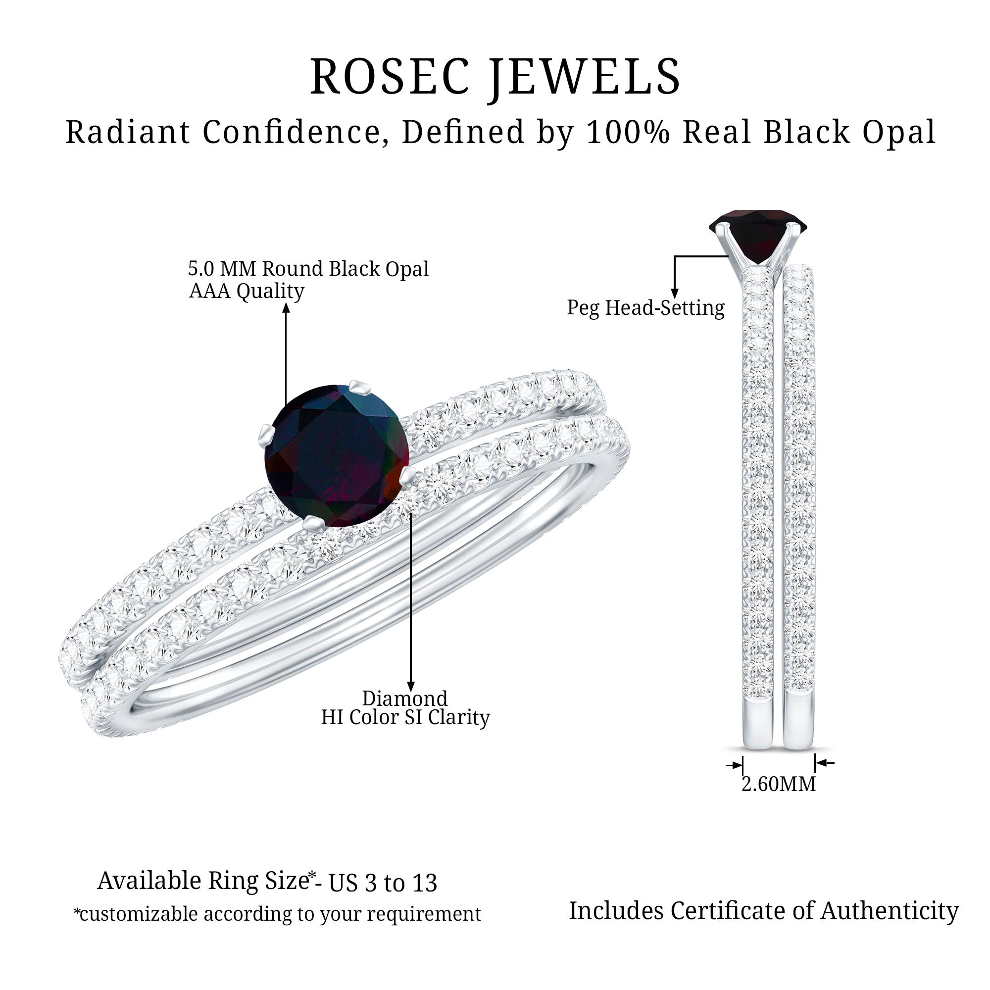 0.4 Carat Minimal Wedding Ring Set with Black Opal and Diamond AAA - Rosec Jewels
